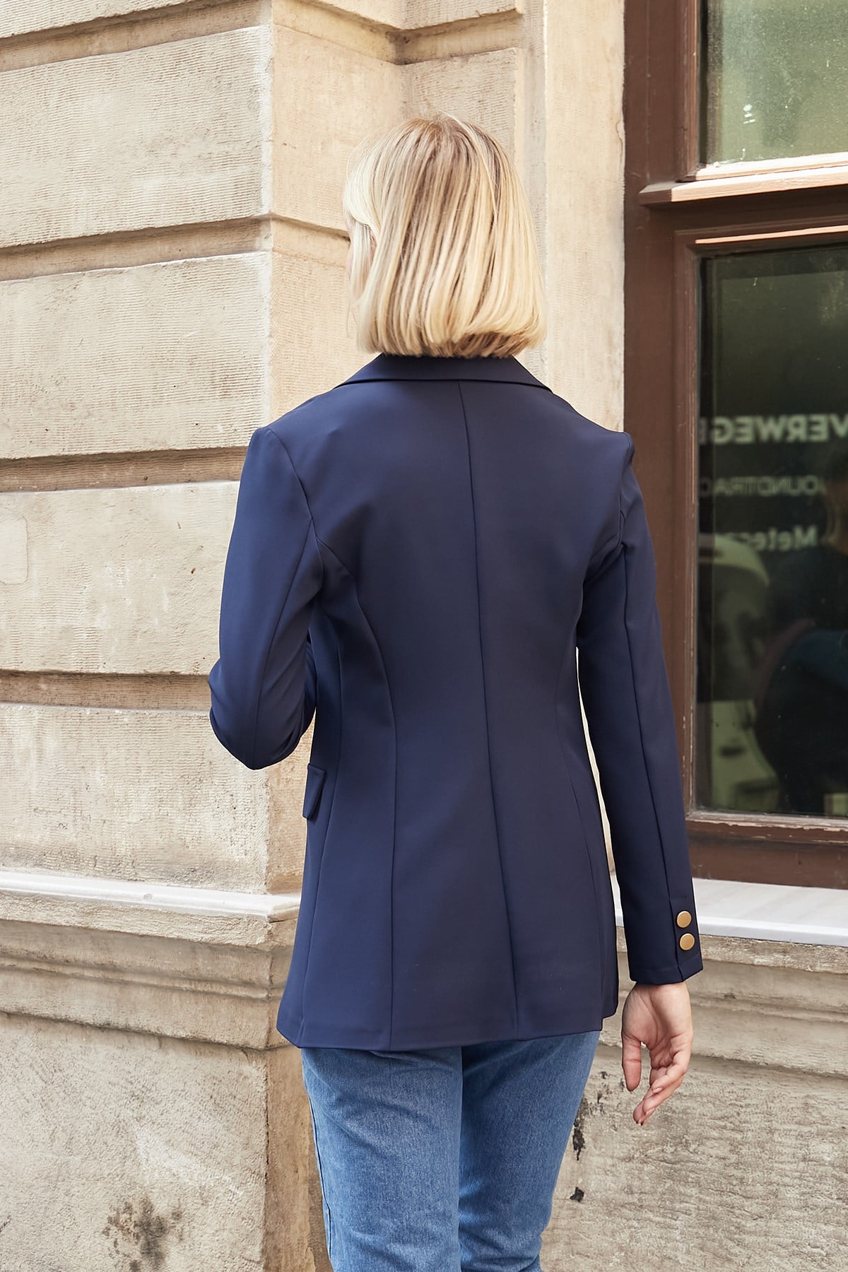 JUMENTKadın Yakalı Cep Kapaklı Çift Düğmeli Blazer Esnek Premium Kumaş Ceket-Lacivert