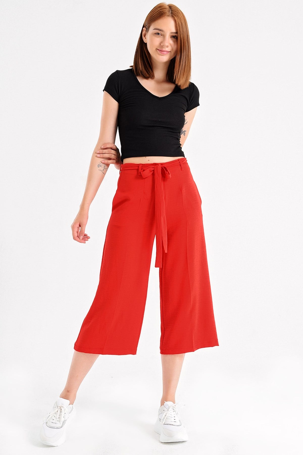 JUMENTKırışmaz Keten Cepli Bağcıklı Capri Bol Paça Pantolon -Kırmızı