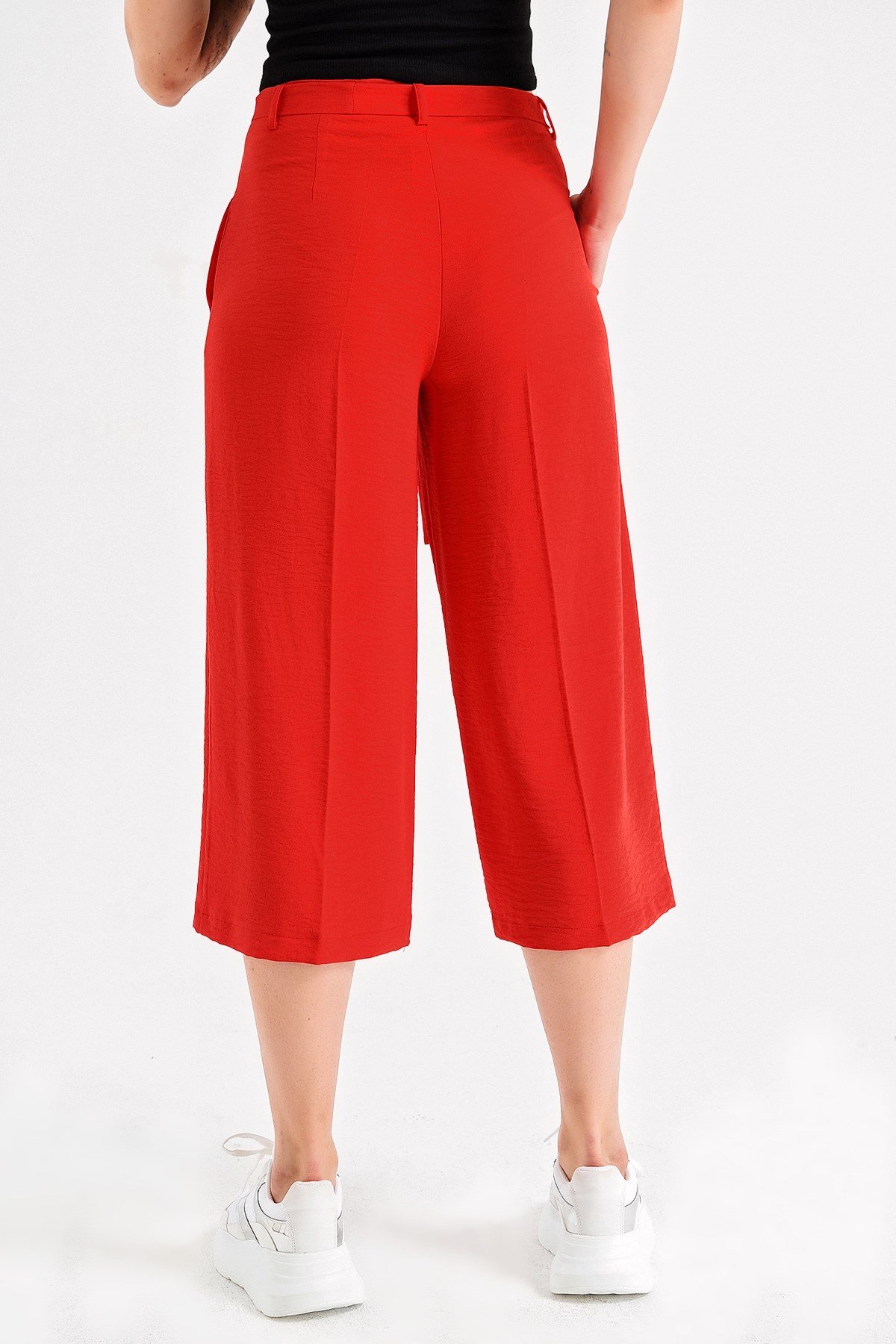 JUMENTKırışmaz Keten Cepli Bağcıklı Capri Bol Paça Pantolon -Kırmızı