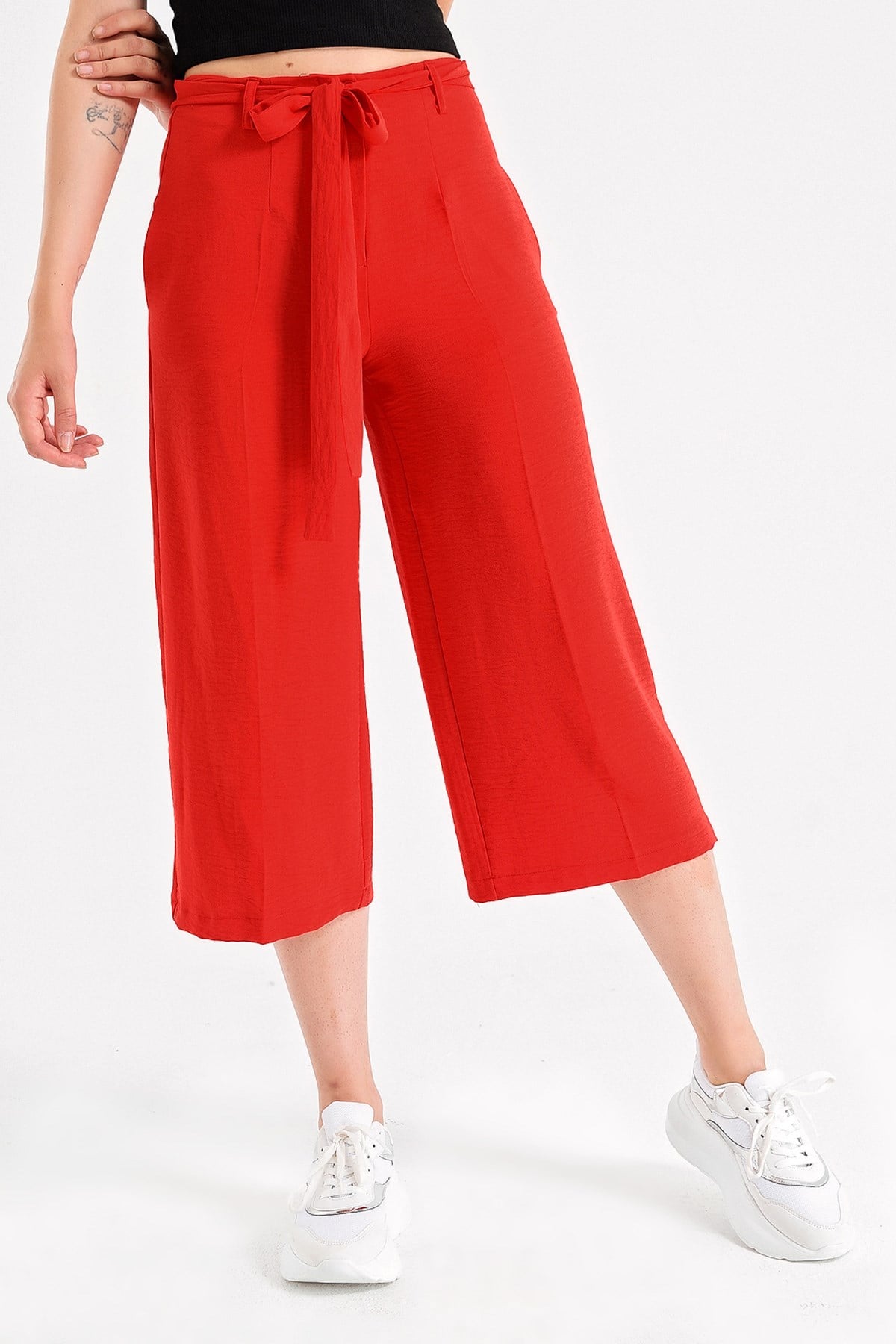 JUMENTKırışmaz Keten Cepli Bağcıklı Capri Bol Paça Pantolon -Kırmızı