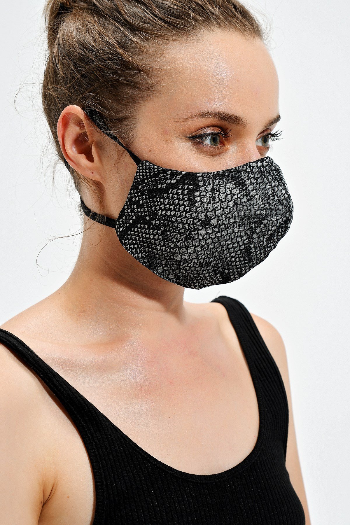 JUMENTPamuklu Arkadan Lastikli Aksesuar Maske - Gri Yılan