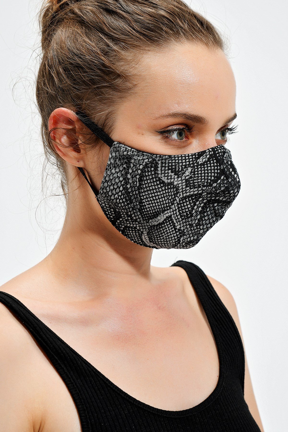 JUMENTPamuklu Kulaktan Lastikli Aksesuar Maske - Gri Yılan