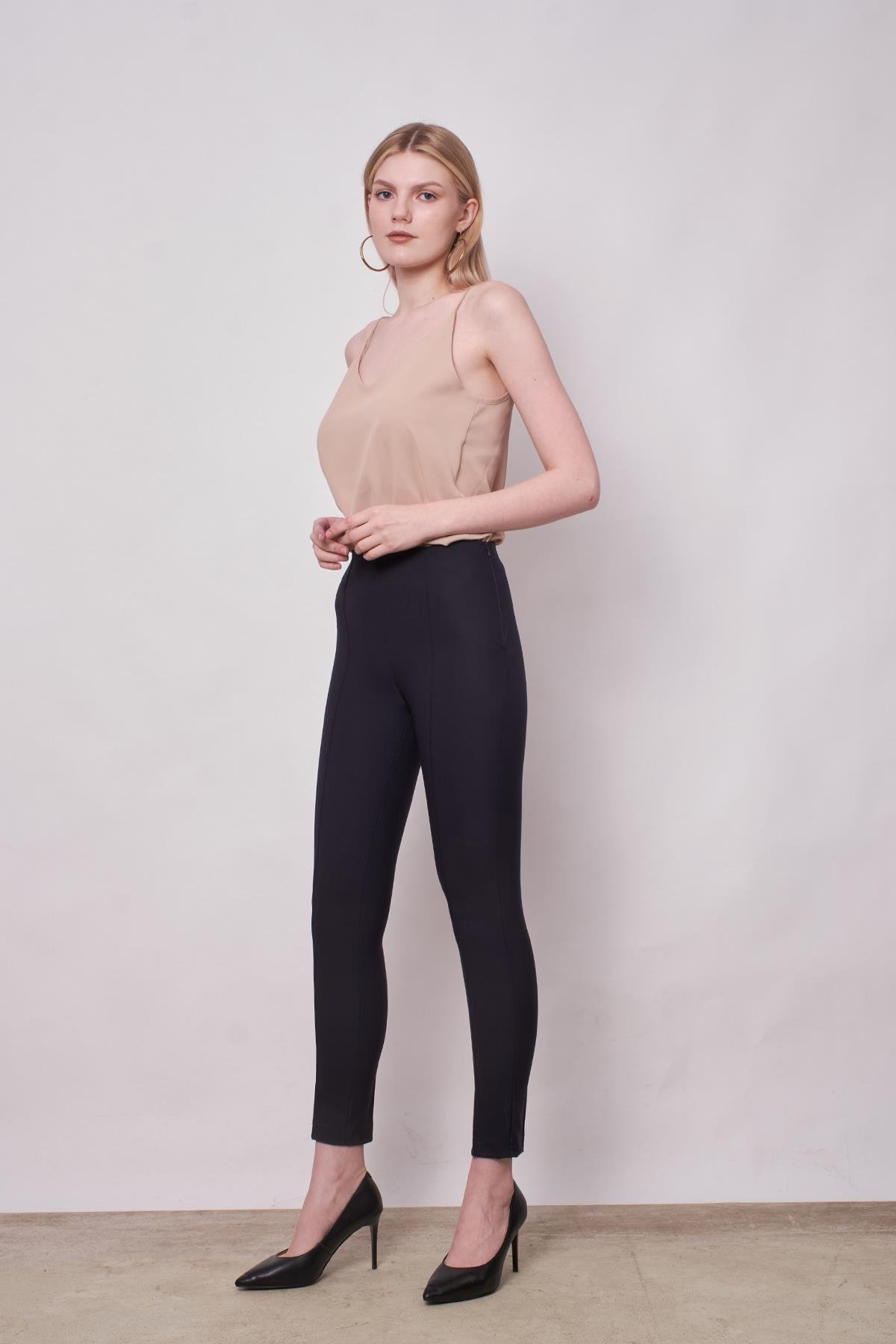 JUMENTPower Strech Likralı Dar Kesim Yüksek Bel Beli Lastikli Bilek Boy Pantolon-Lacivert