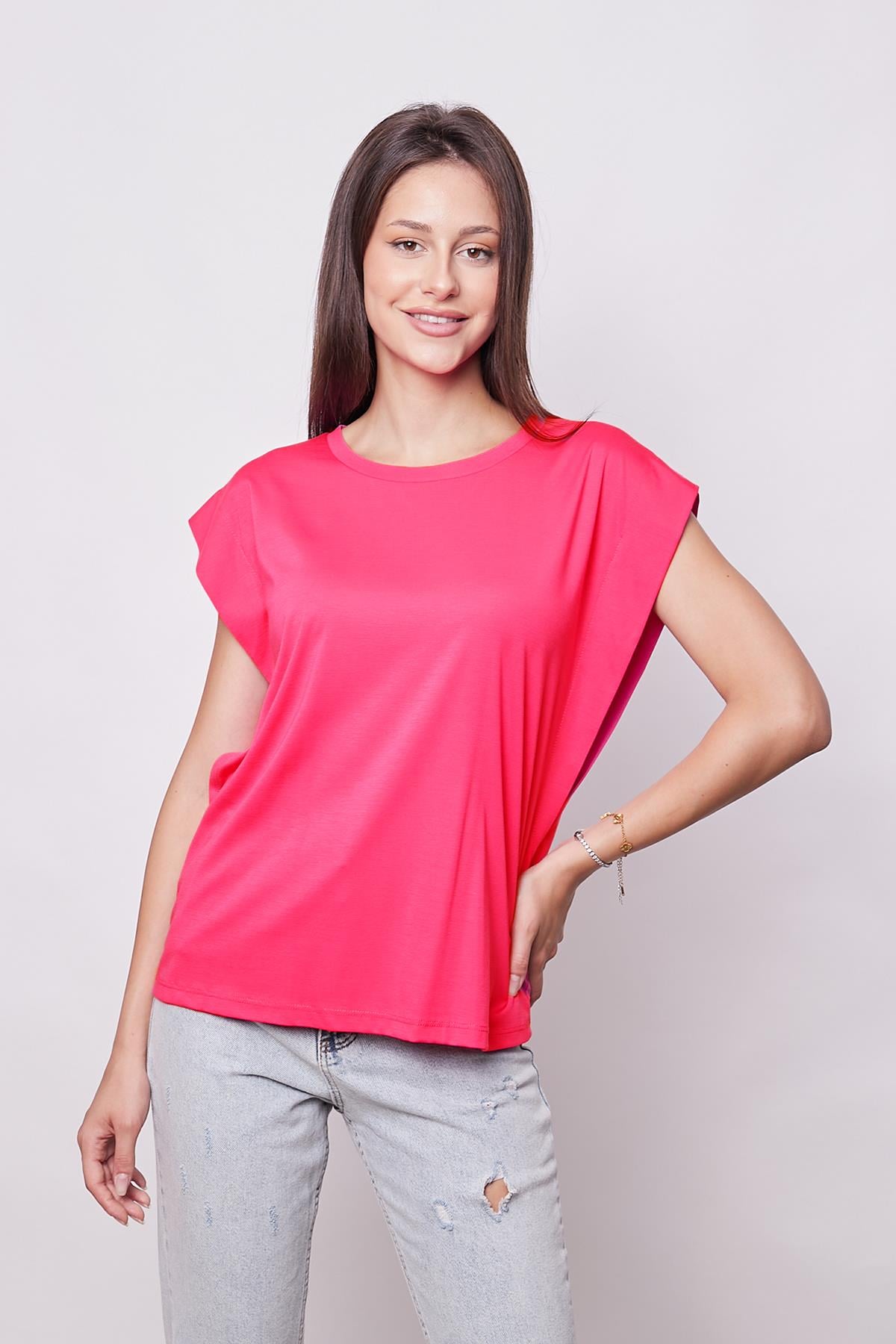 JUMENTŞık Likralı Span Kumaş Kolsuz Geniş Sıfır Yaka Düşük Omuzlu Basic Tshirt Bluz-Fujya
