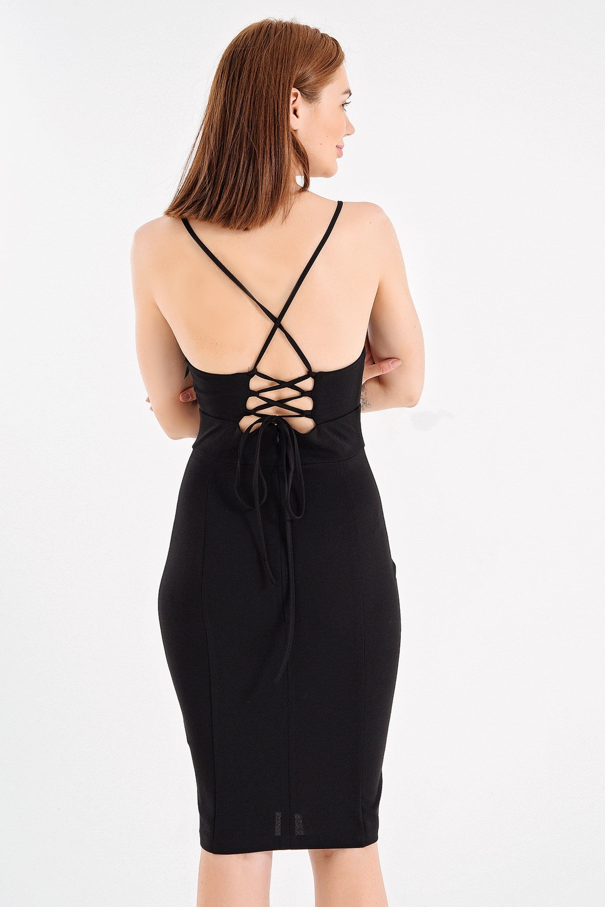 JUMENTStrapless Arkası Çapraz Biyeli Şık Elbise -Siyah