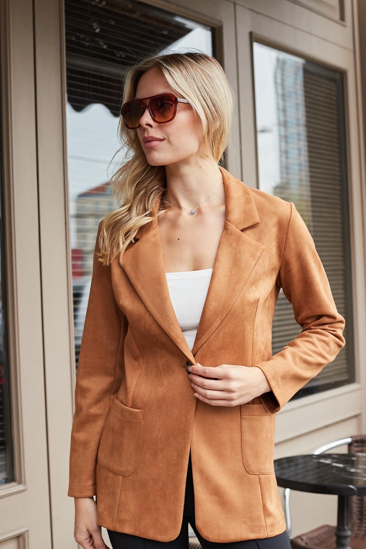 JUMENTSüet Kumaş Cep Detaylı Düğmeli Şık Blazer Ceket-Camel