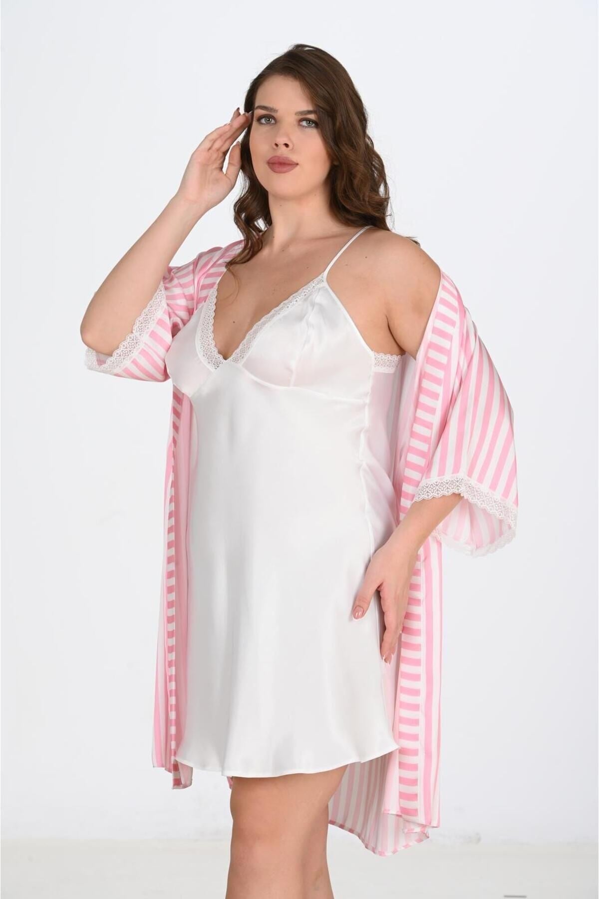 2li Beyaz-pembe Sabahlık Takımı Bigsize 6210