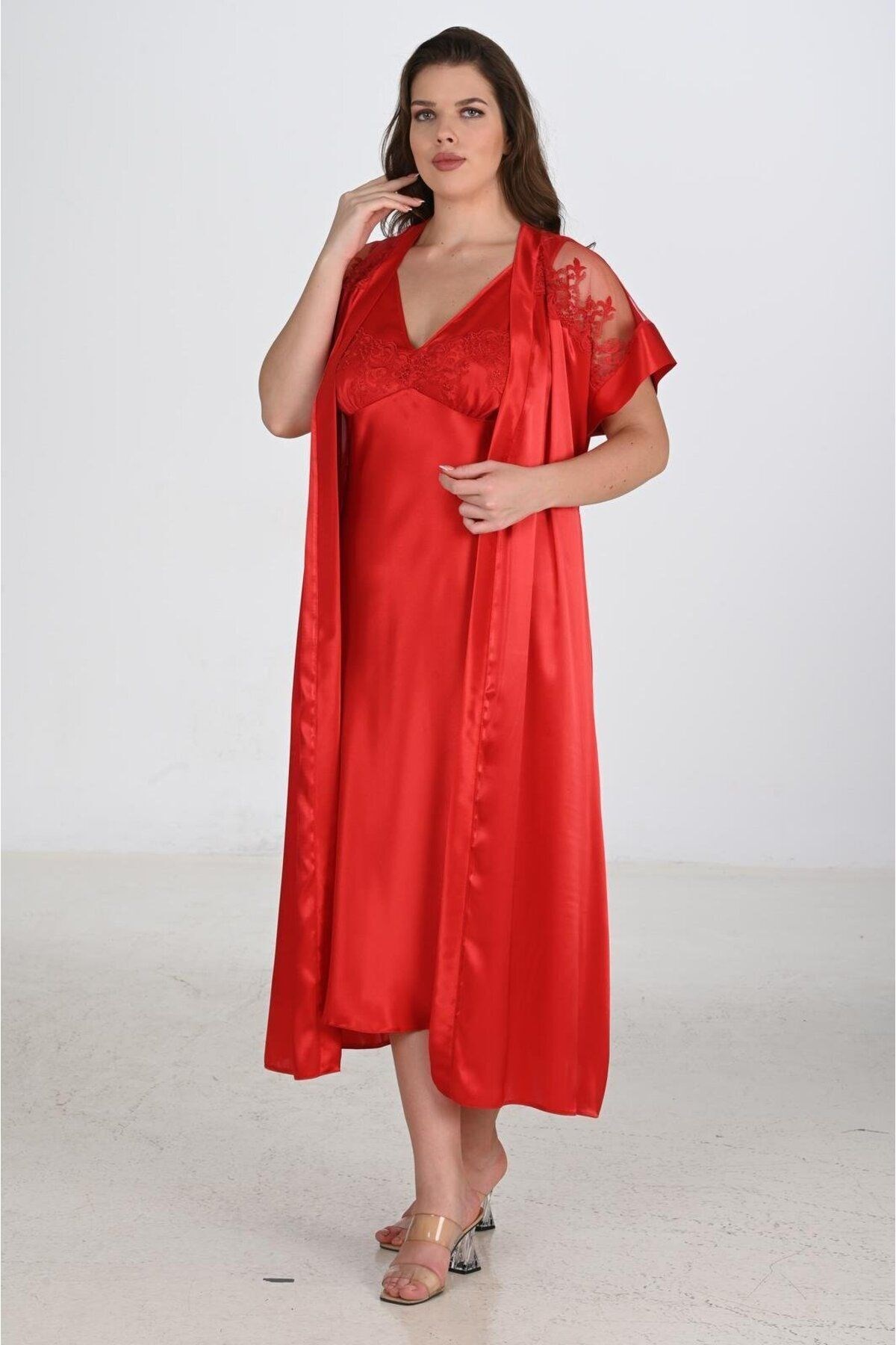 2li Kırmızı Sabahlık Takımı Bigsize 6226