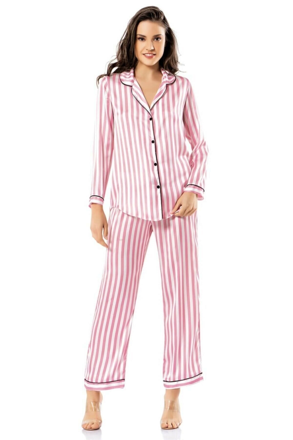 Aria's Closet Çizgili Pembe Ikili Saten Gecelik Pijama Takımı