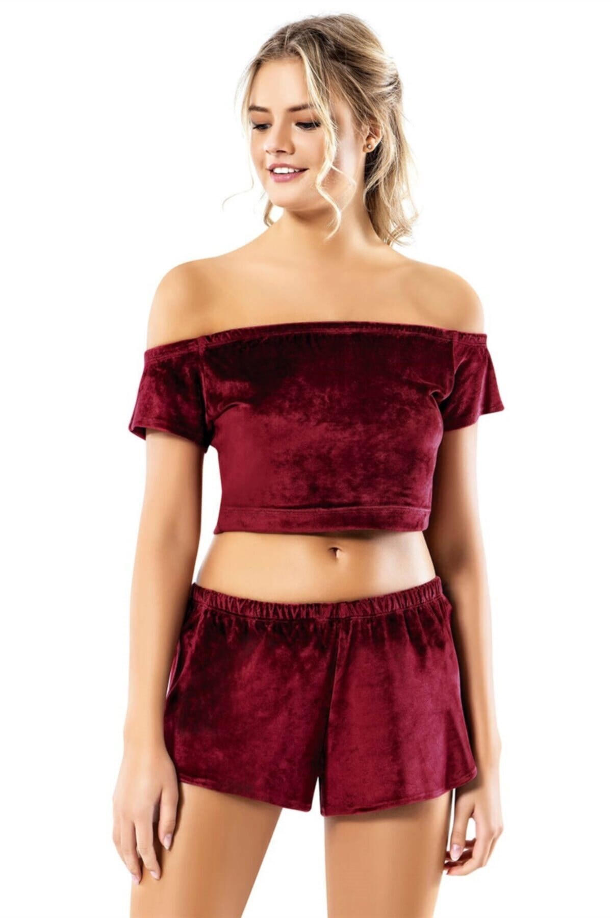 Bordo Büstiyerli Kadife Babydoll Şort Takımı