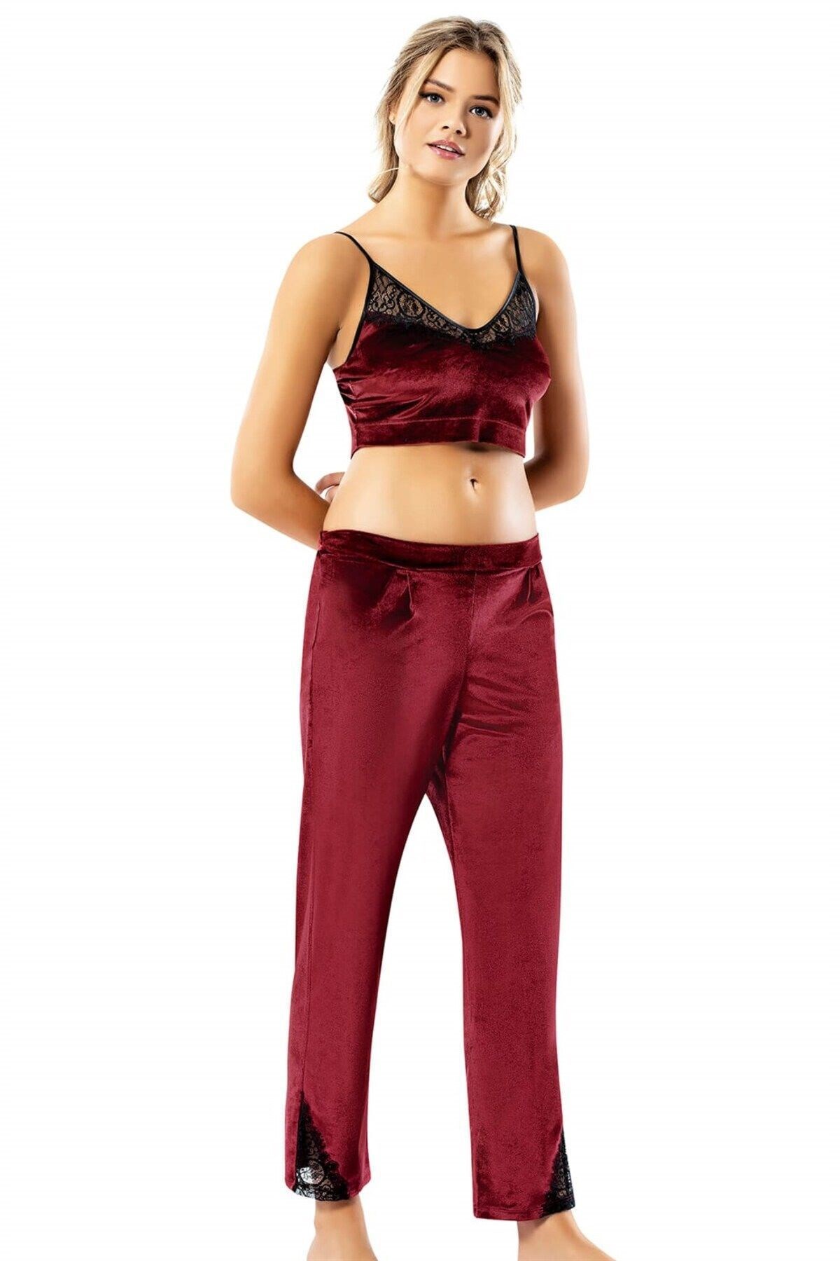 Bordo Büstiyerli Üçlü Kadife Gecelik Pijama Takımı