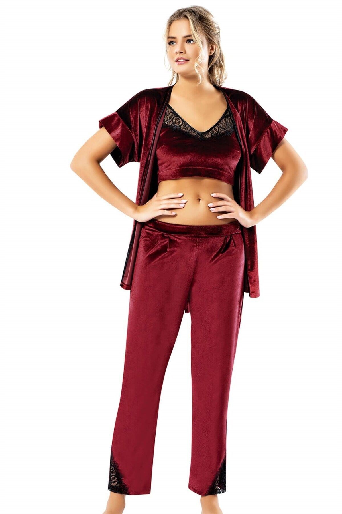 Bordo Büstiyerli Üçlü Kadife Gecelik Pijama Takımı