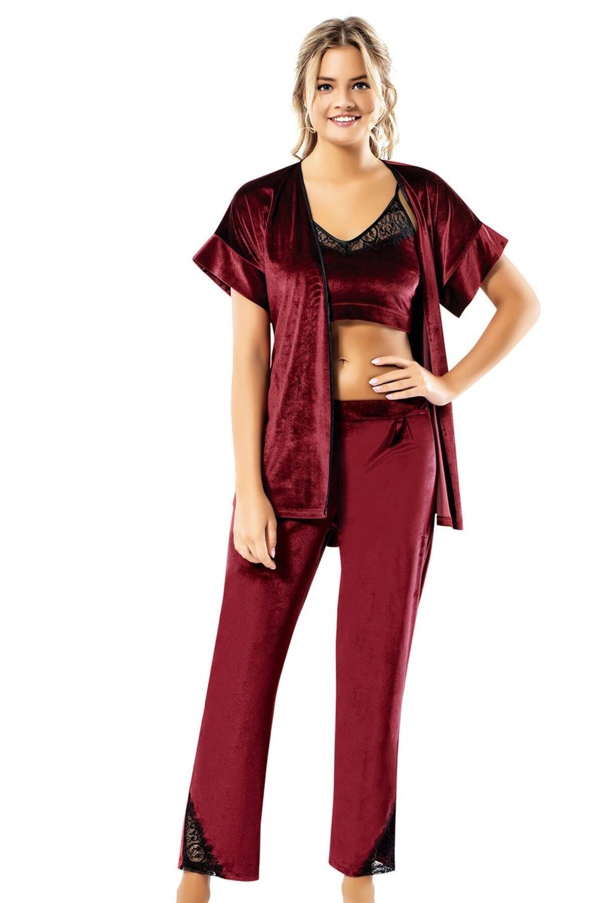 Bordo Büstiyerli Üçlü Kadife Gecelik Pijama Takımı