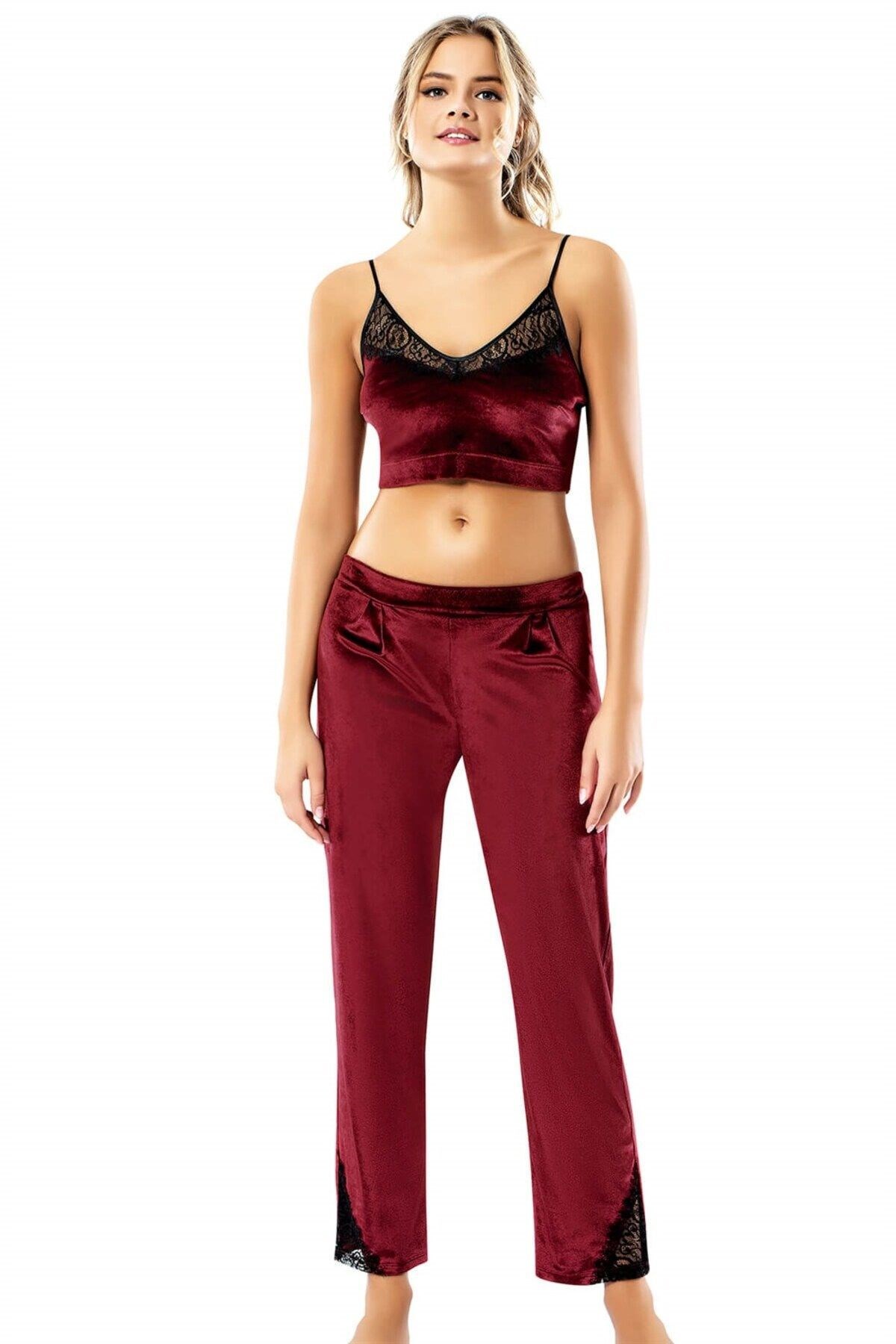 Bordo Büstiyerli Üçlü Kadife Gecelik Pijama Takımı