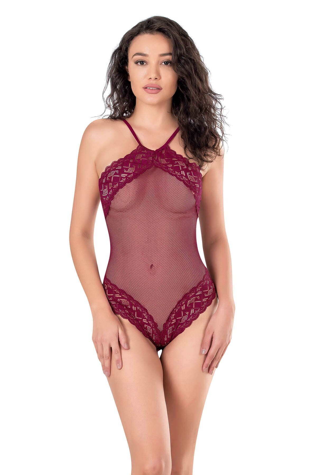 Bordo File-tül Bodysuit gecelik 8126