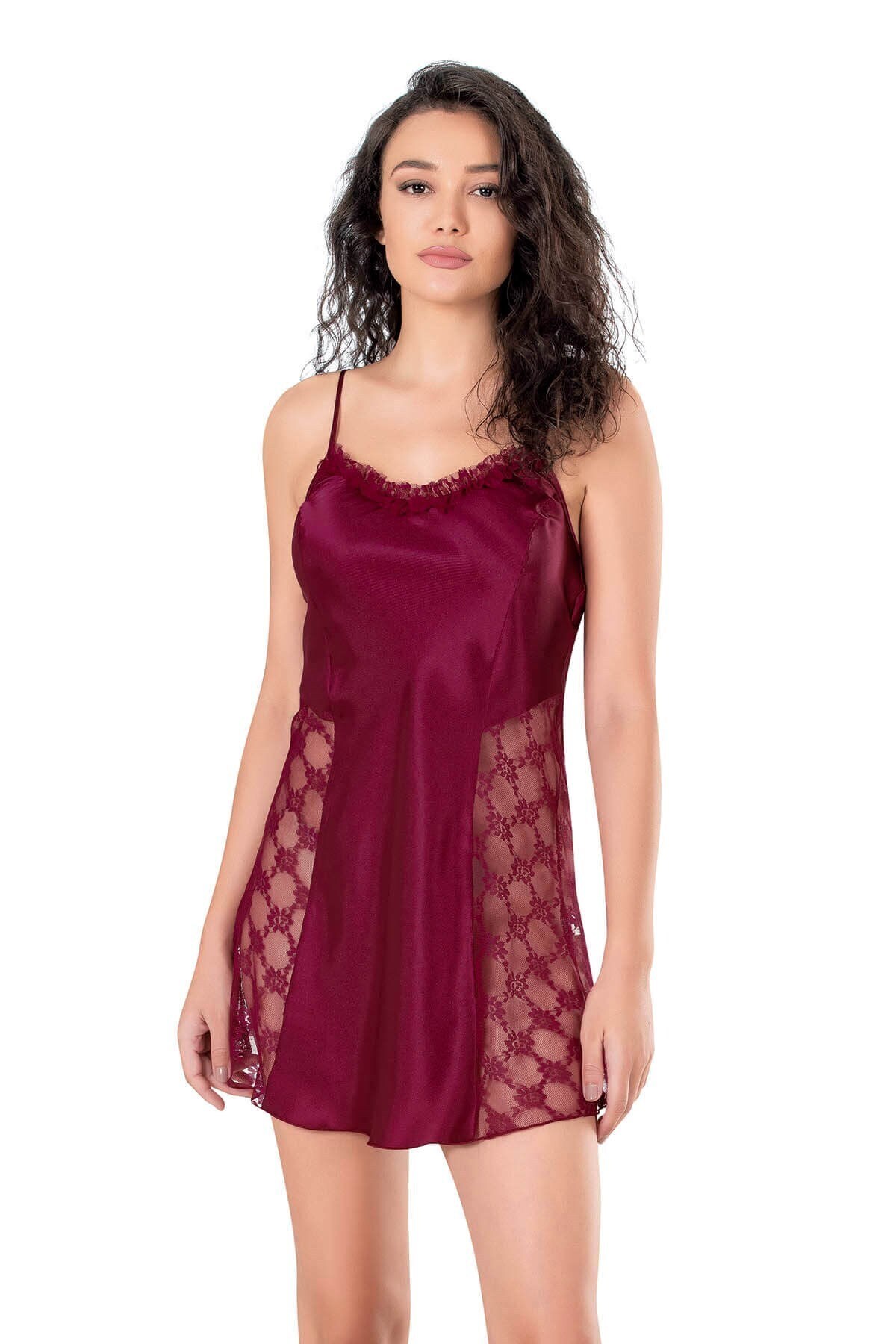 Bordo Kısa Saten Gecelik 8134