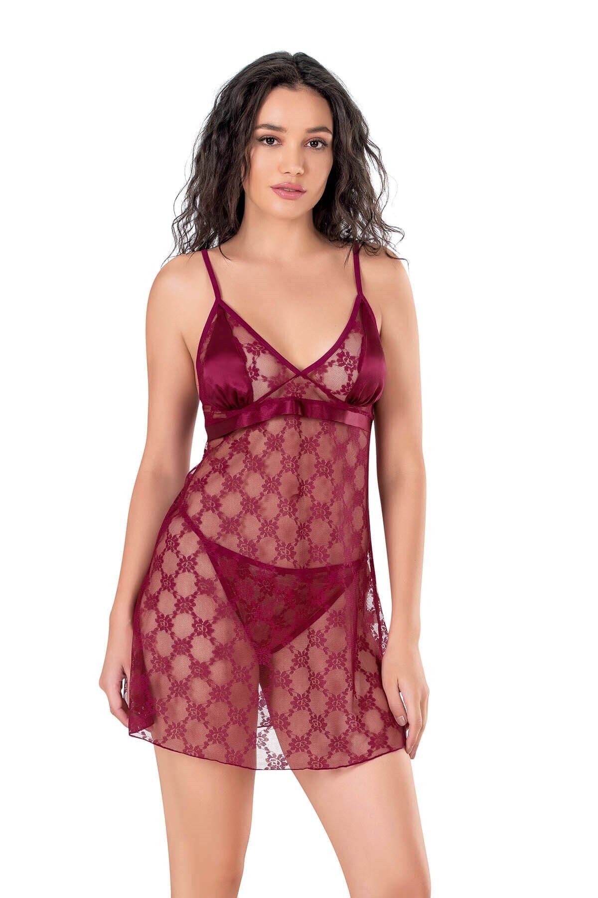 Bordo Kısa Tül Gecelik 4128