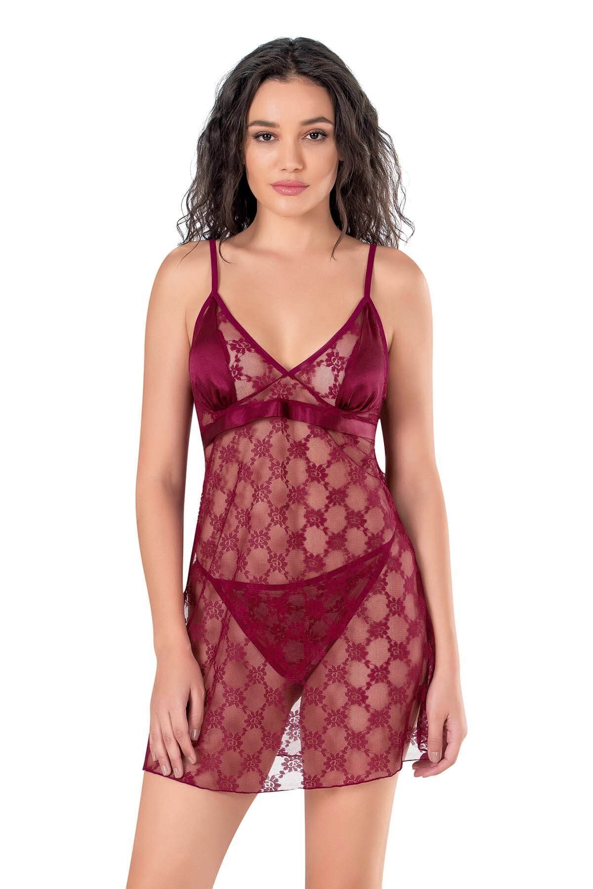 Bordo Kısa Tül Gecelik 4128
