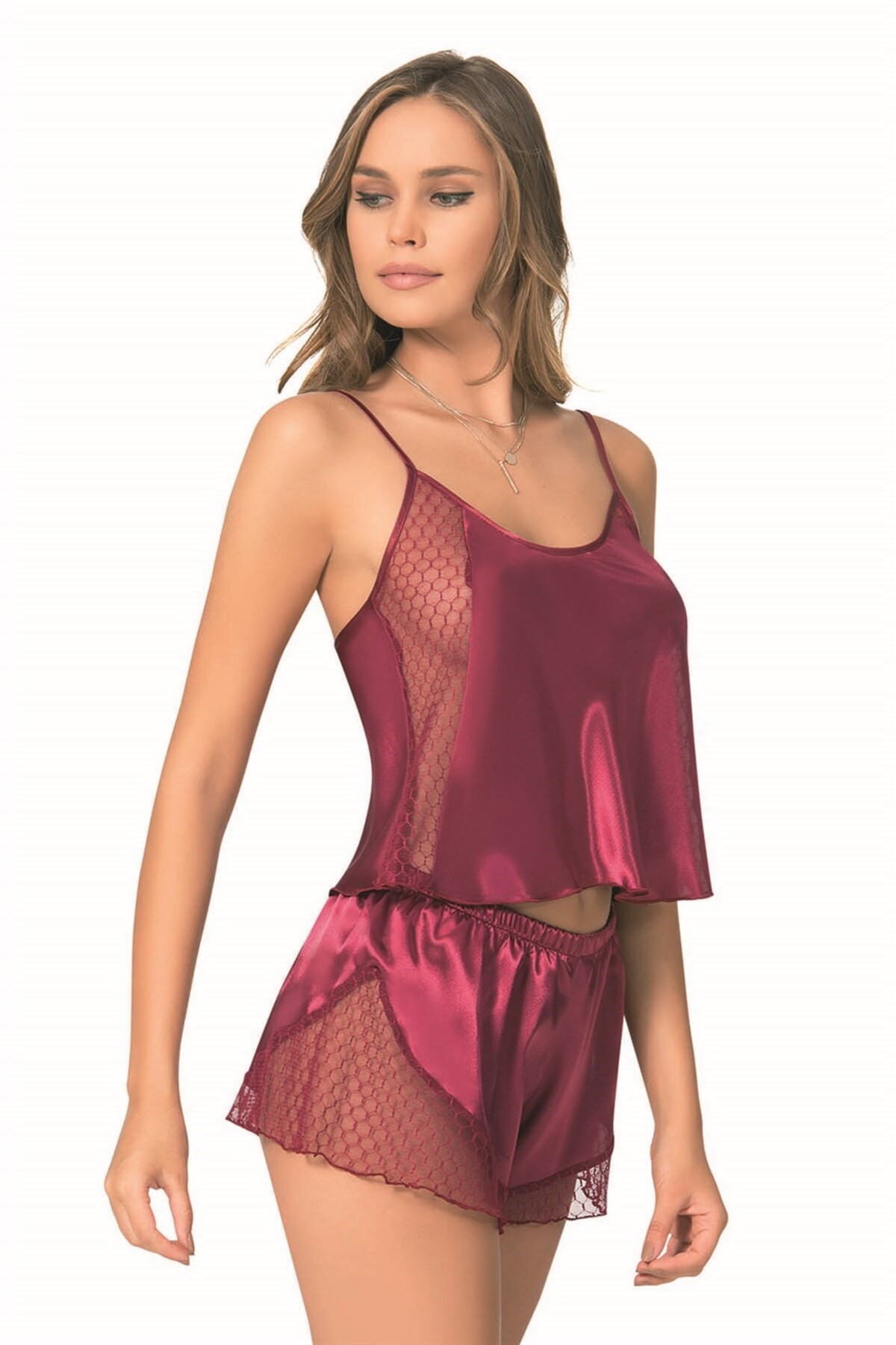 Bordo Saten Babydoll Şort Takımı