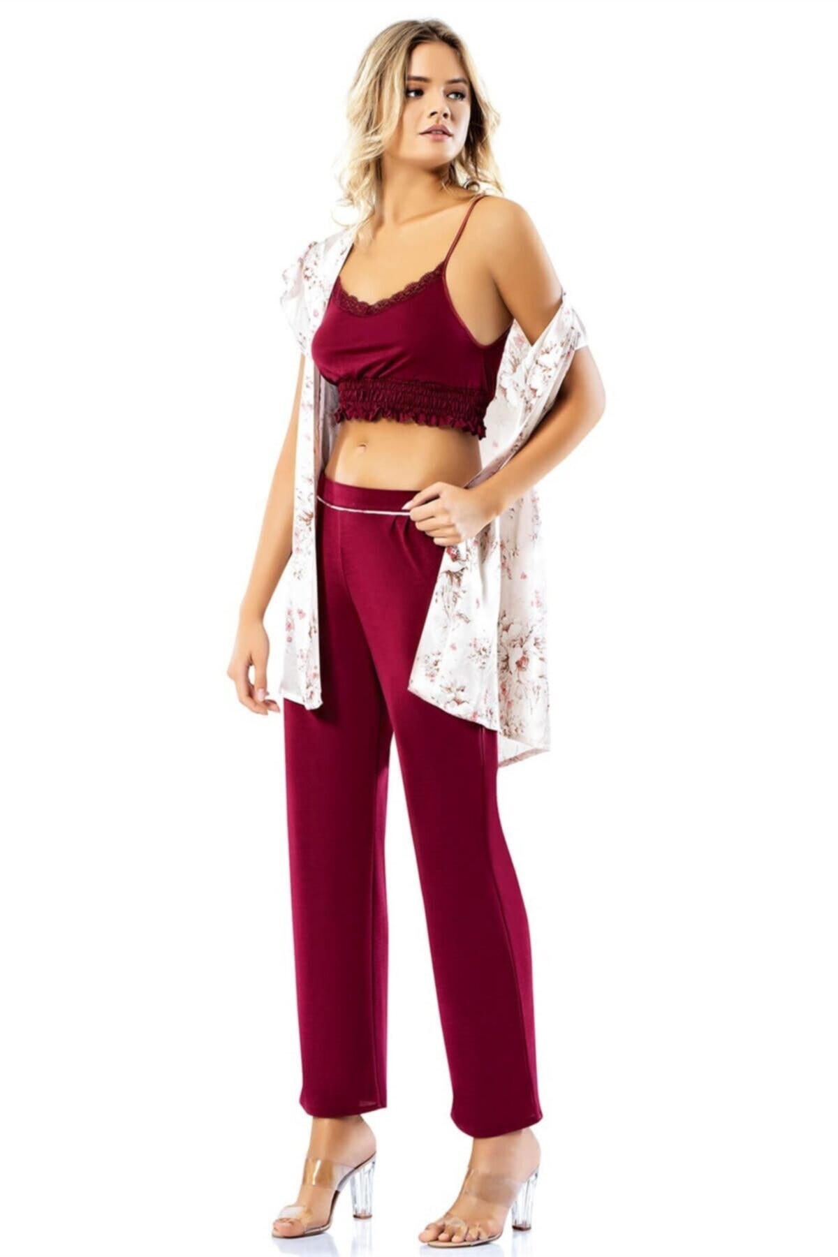 Büstiyerli Bordo Üçlü Penye Saten Pijama Takımı