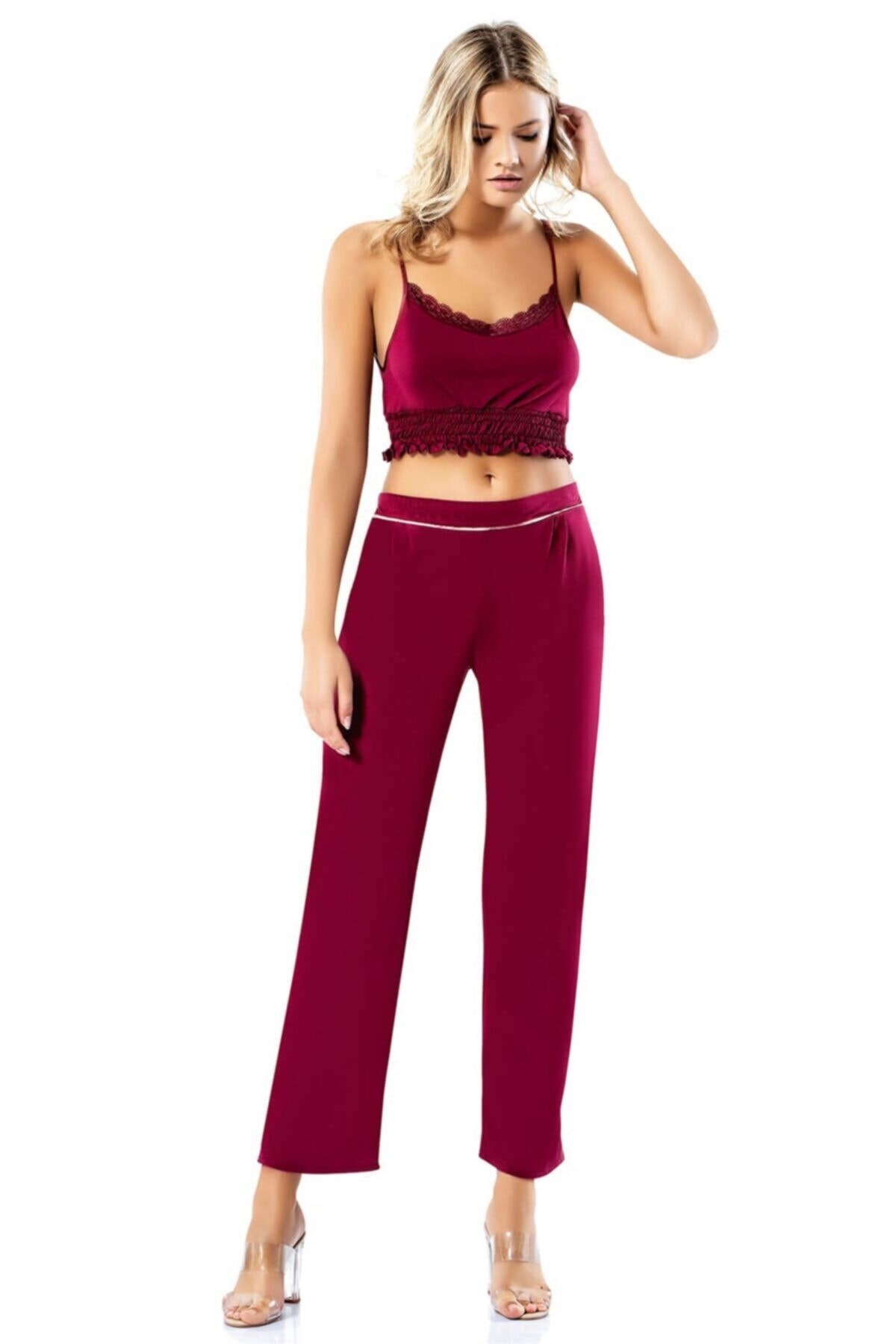 Büstiyerli Bordo Üçlü Penye Saten Pijama Takımı