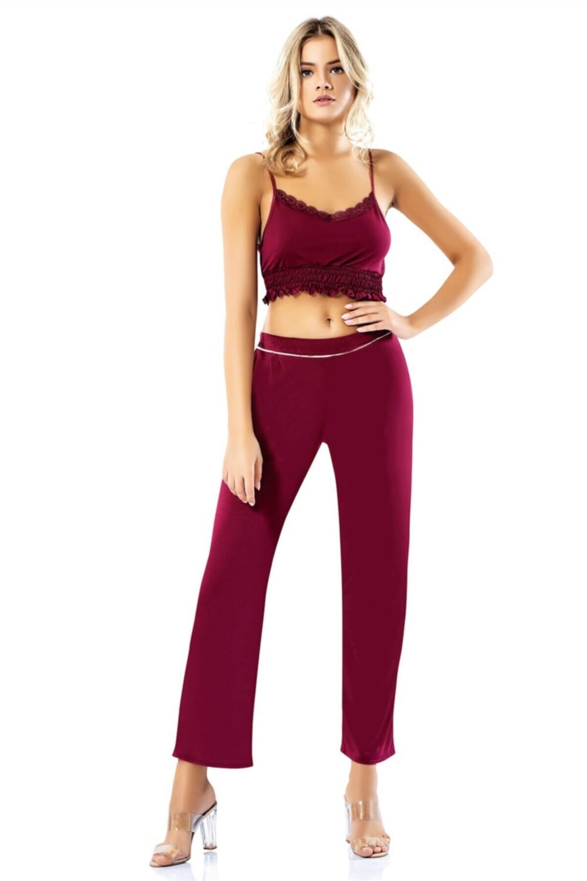 Büstiyerli Bordo Üçlü Penye Saten Pijama Takımı