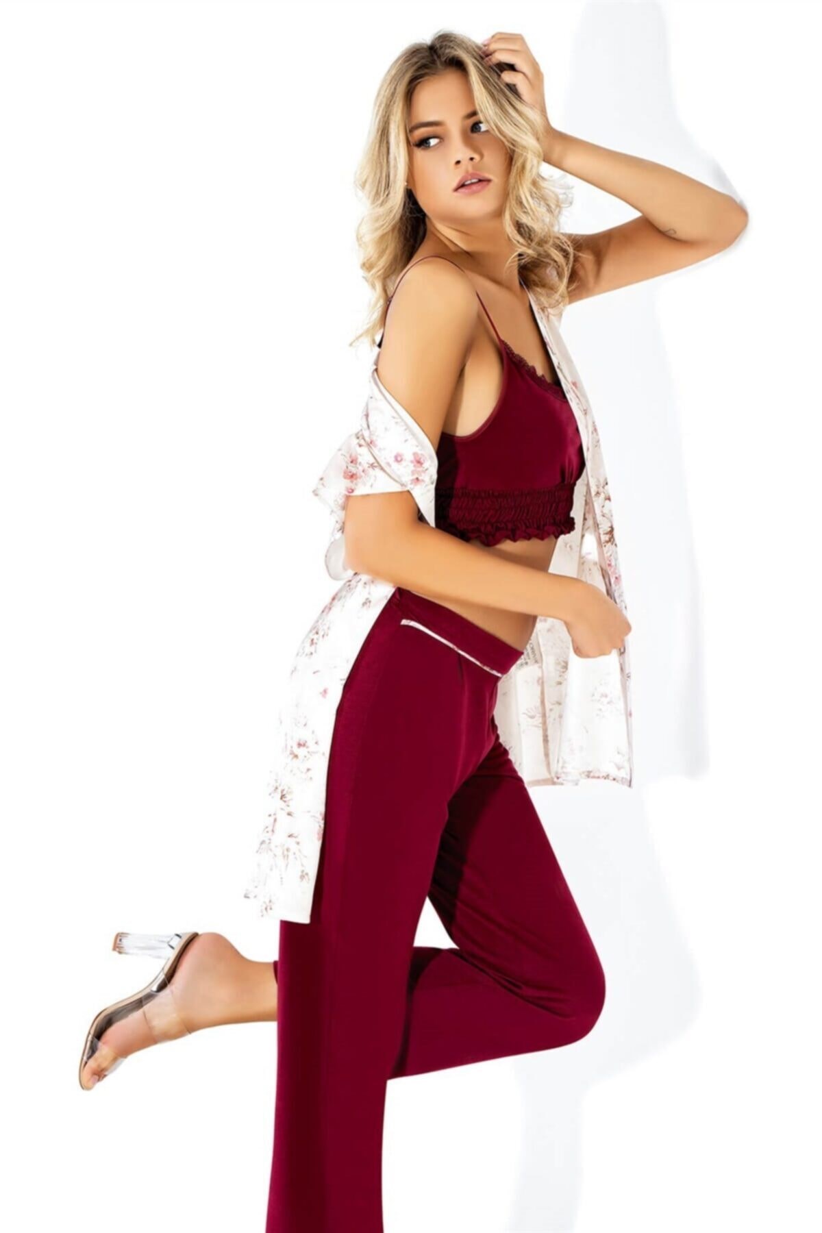 Büstiyerli Bordo Üçlü Penye Saten Pijama Takımı