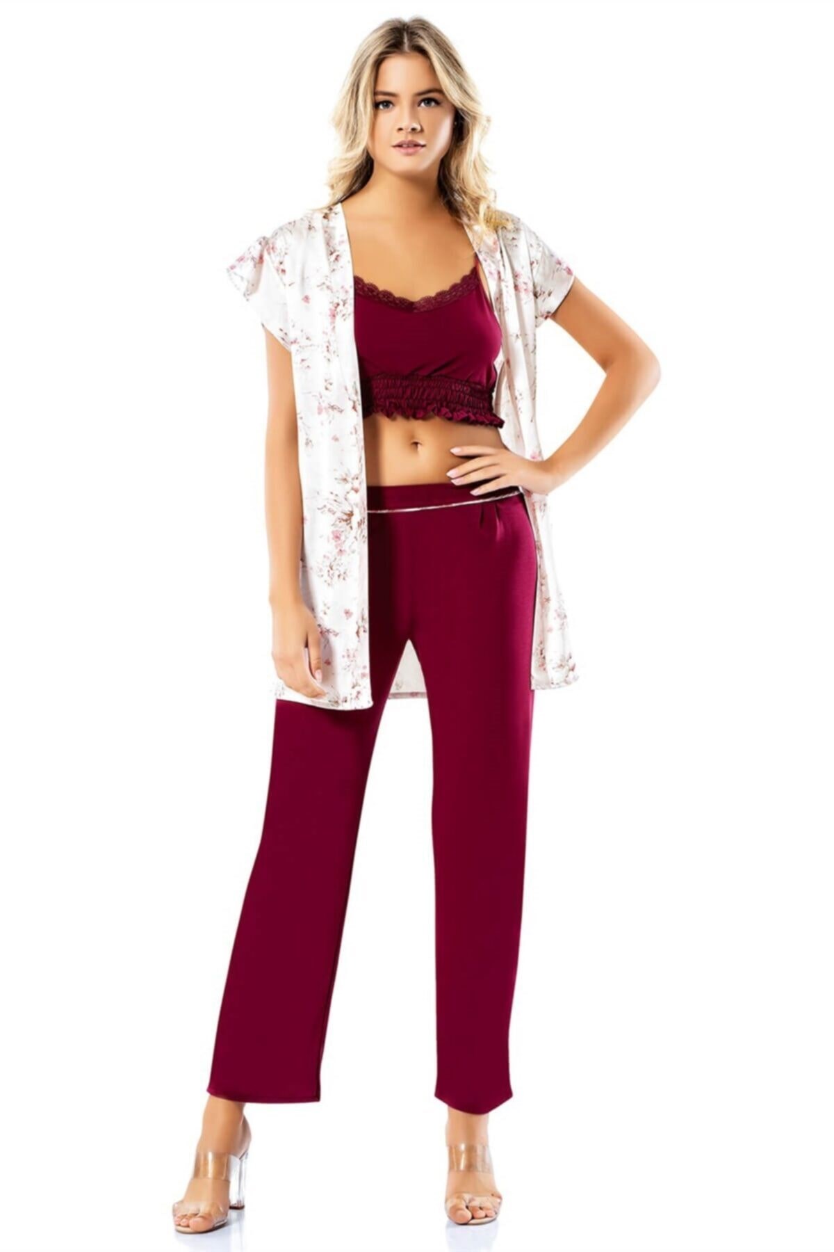Büstiyerli Bordo Üçlü Penye Saten Pijama Takımı