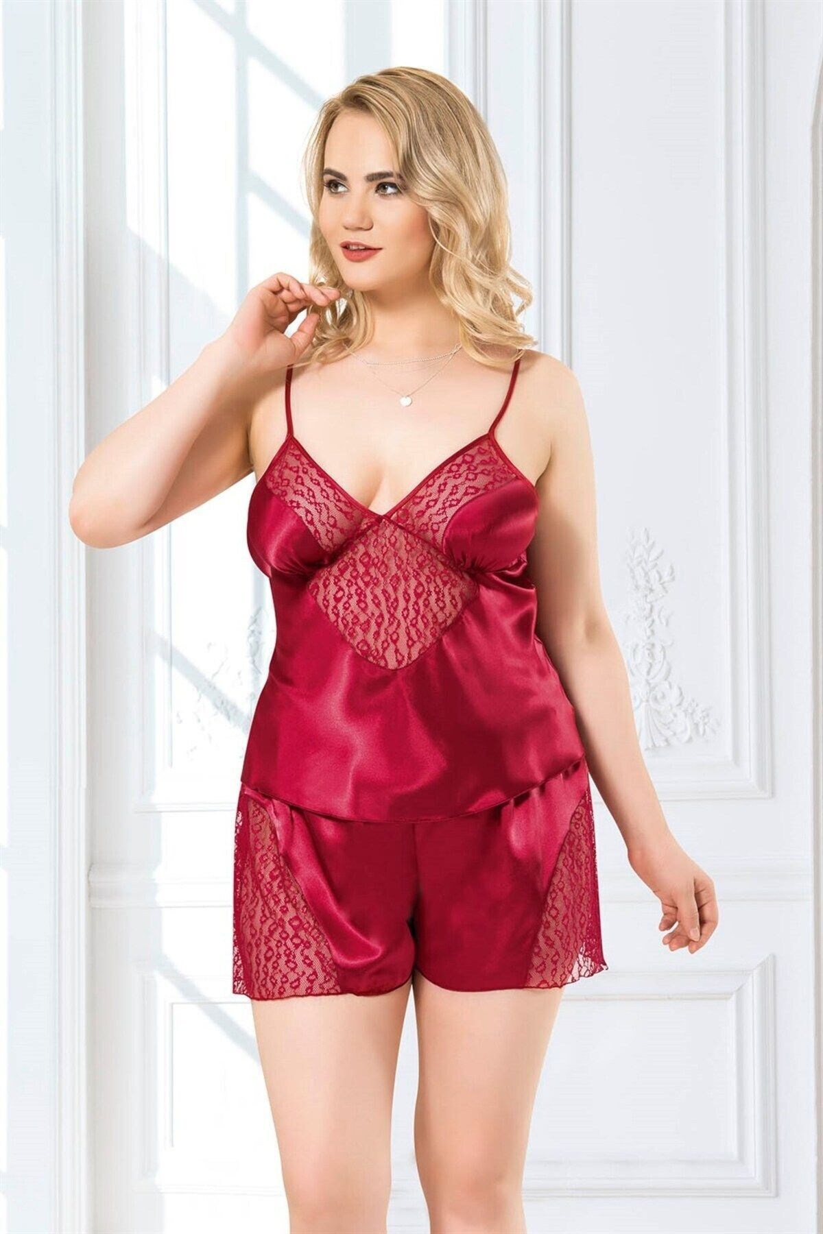 Büyük Beden Bordo Saten Babydoll Şort Takımı