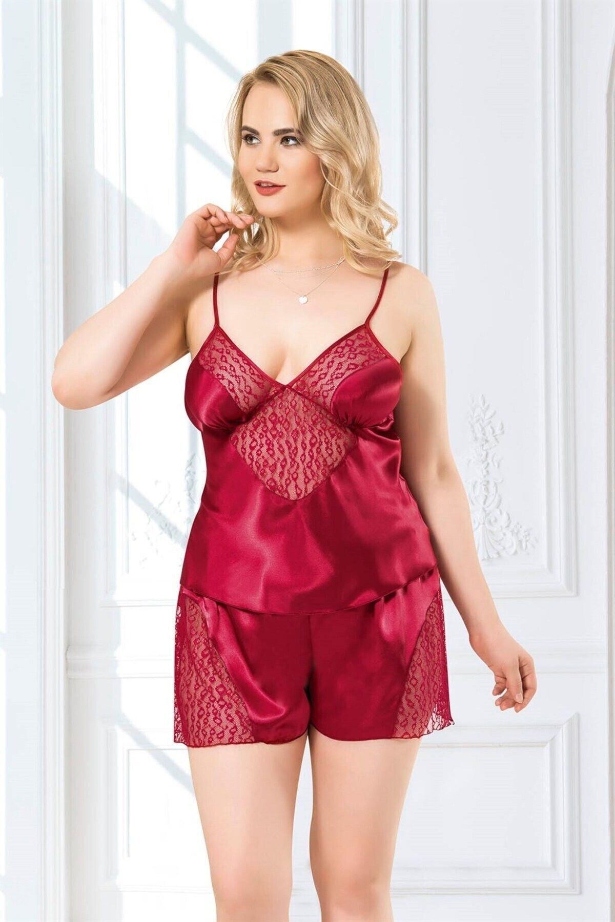 Büyük Beden Bordo Saten Babydoll Şort Takımı
