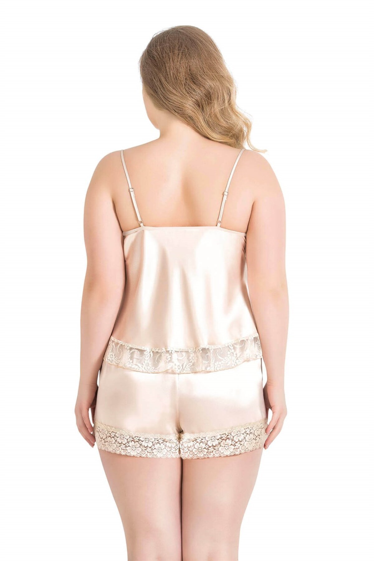 Büyük Beden Fildişi Saten Babydoll Şort Takımı 1060