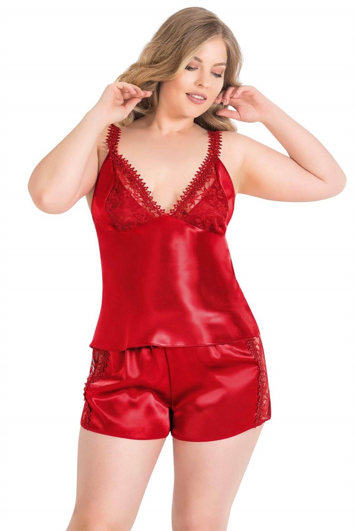 Büyük Beden Kırmızı Saten Babydoll Şort Takımı 1066