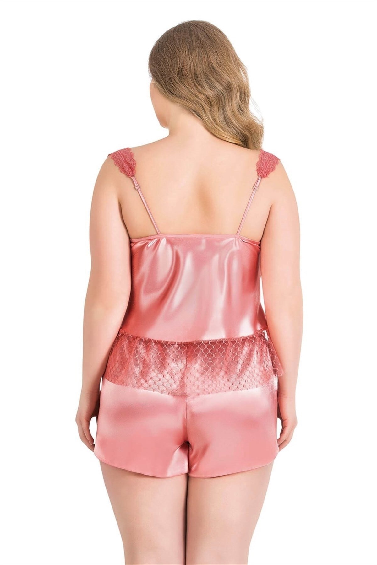 Büyük Beden Mercan Saten Babydoll Şort Takımı 1058