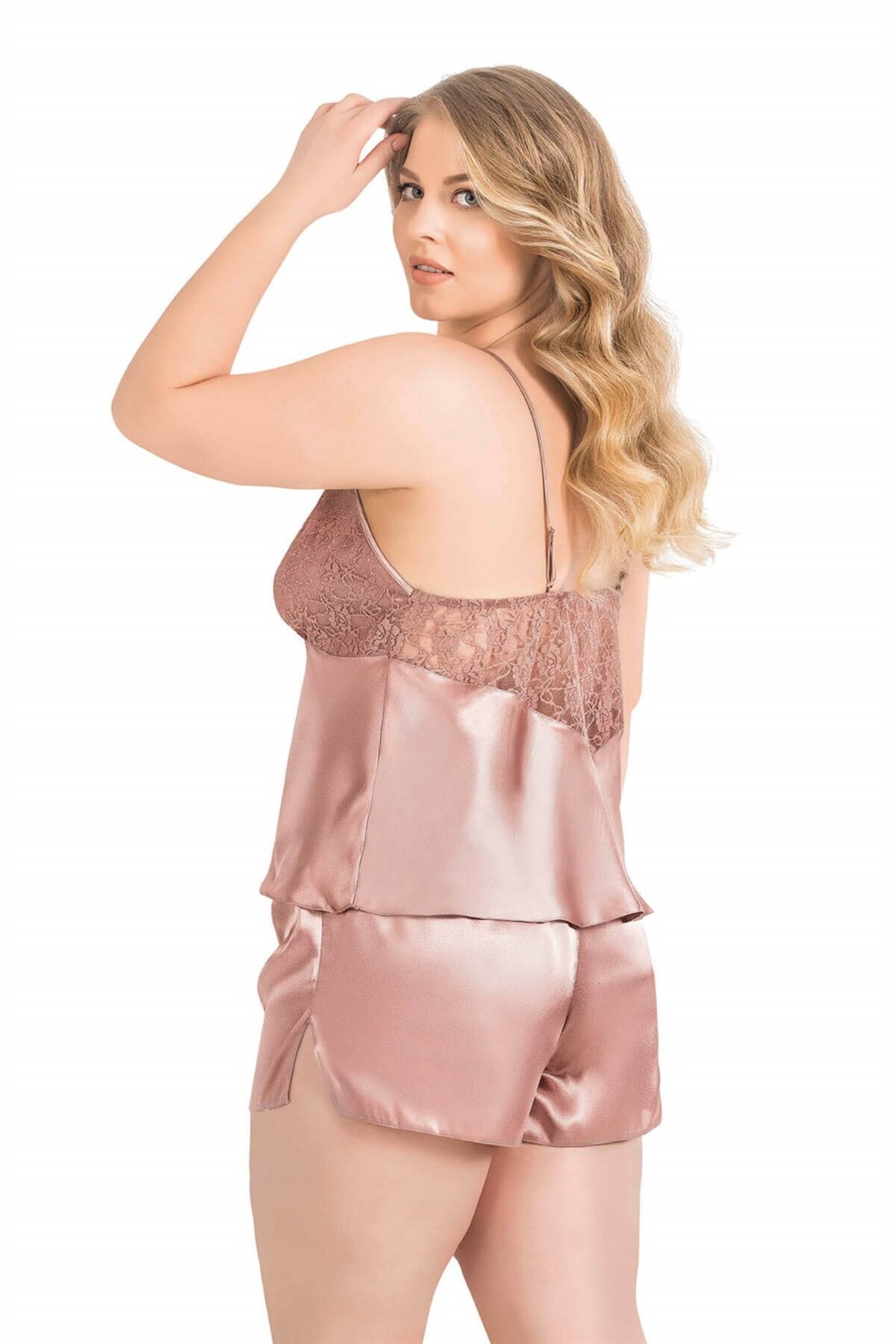 Büyük Beden Vizon Saten Babydoll Şort Takımı 1064