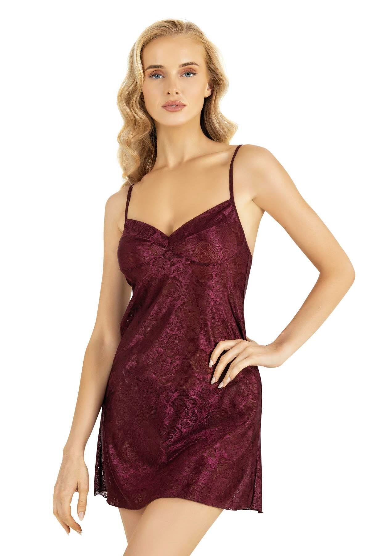 Çiçek Desenli Mini Saten Bordo Gecelik - 8219