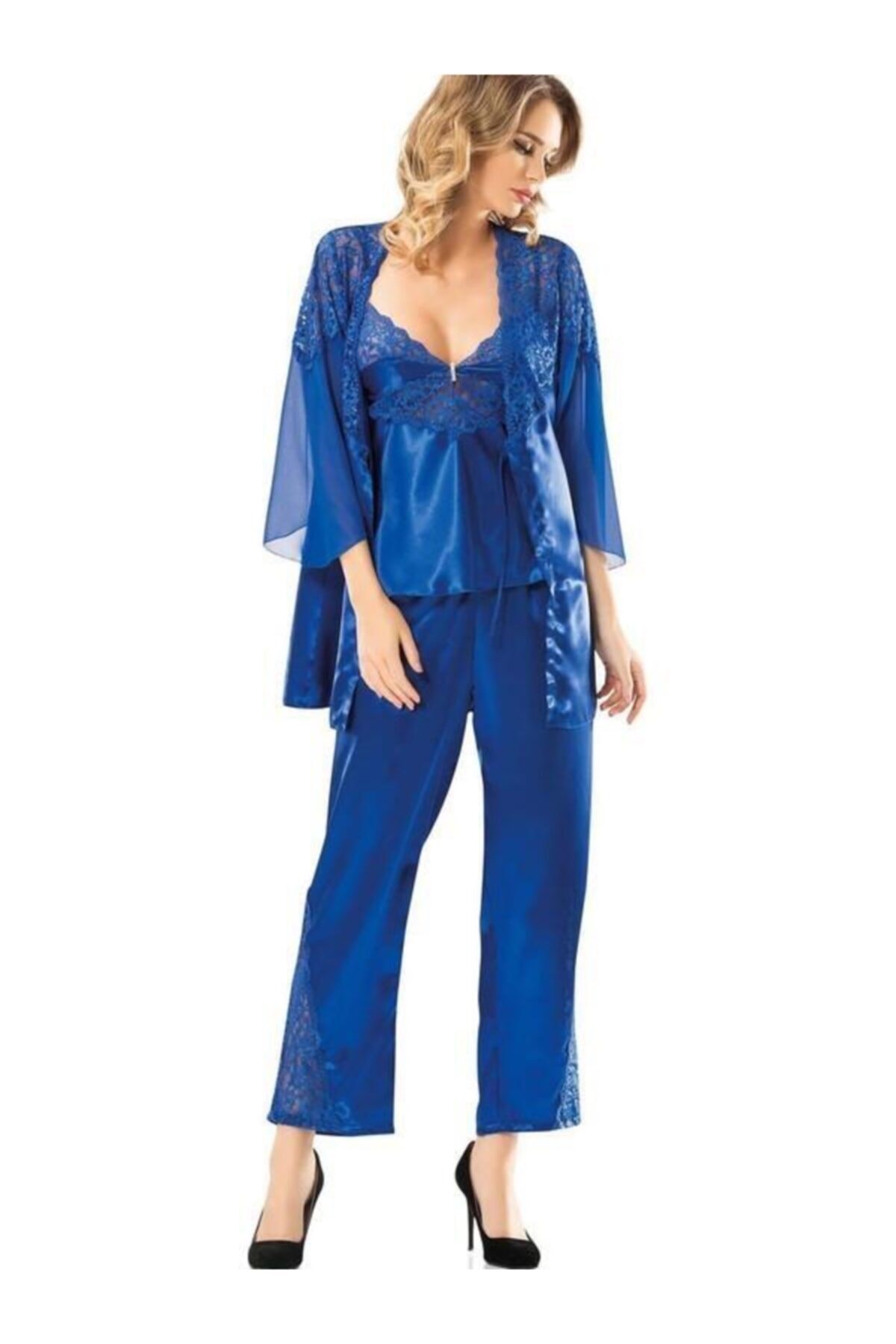 Çiçekli Fakir Kol Ip Askılı Kadın 3'lü Pijama Seti Saks Mavi