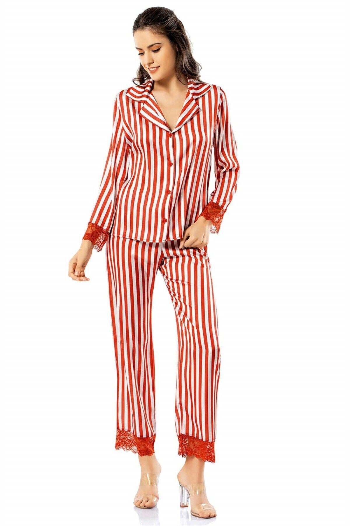 Çizgili Kiremit Ikili Saten Gecelik Pijama Takımı