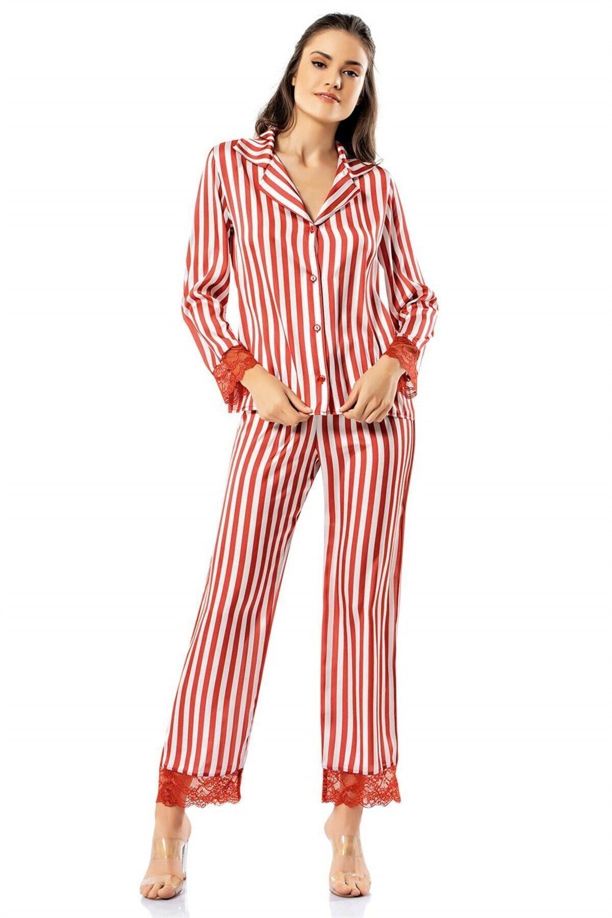 Çizgili Kiremit Ikili Saten Gecelik Pijama Takımı
