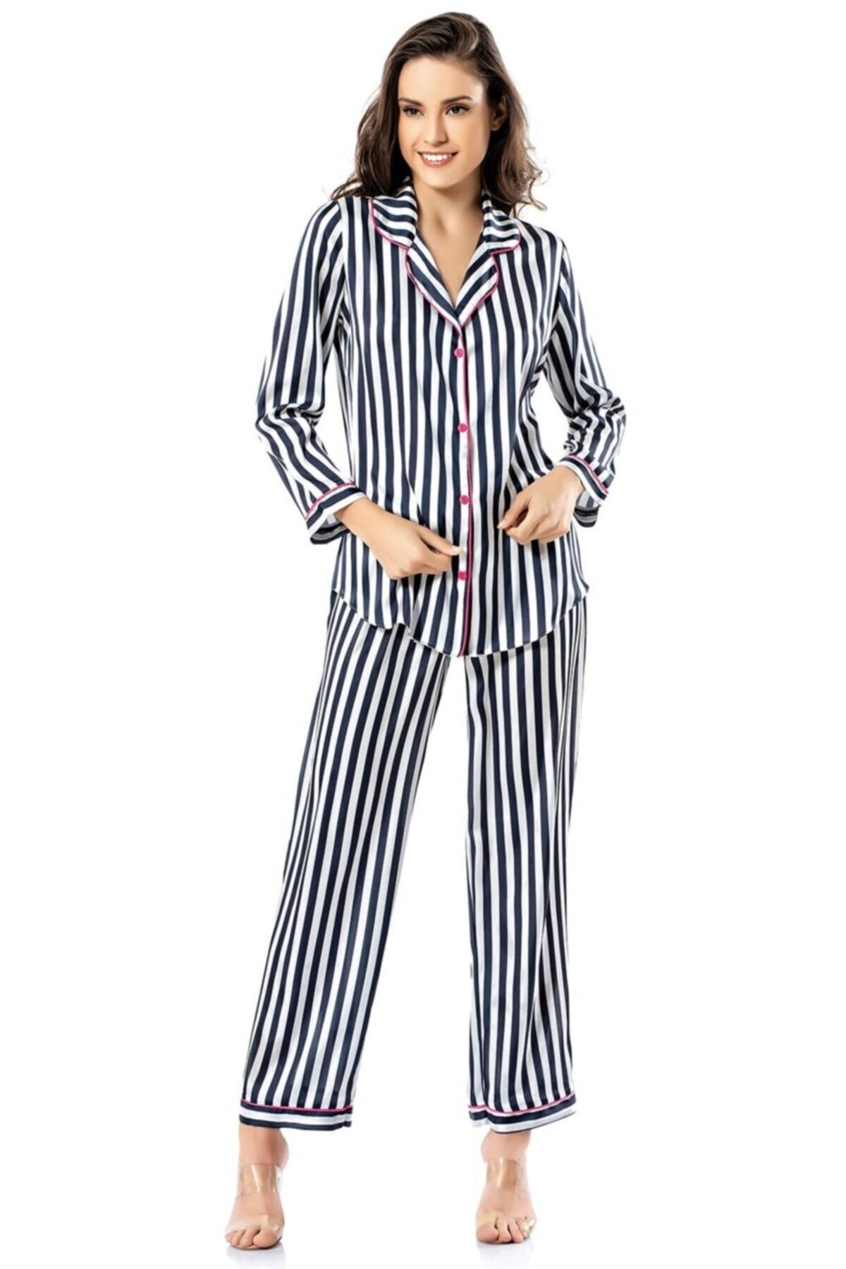 Çizgili Lacivert Ikili Saten Gecelik Pijama Takımı