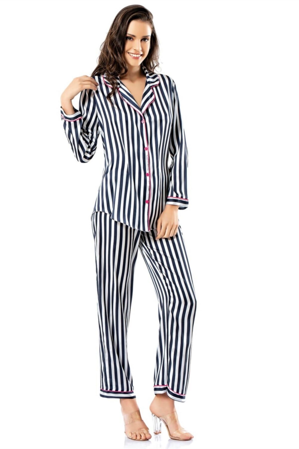 Çizgili Lacivert Ikili Saten Gecelik Pijama Takımı