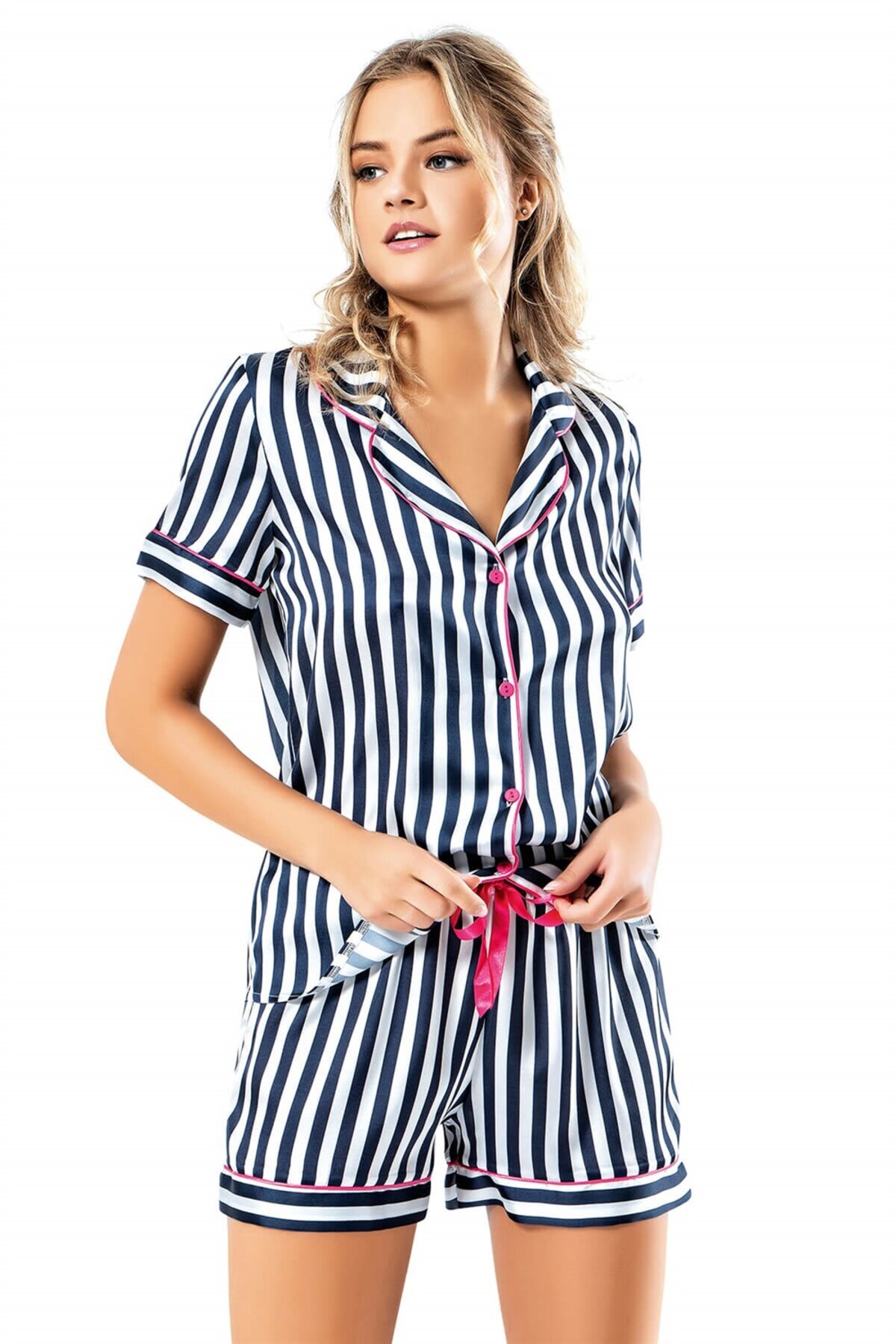 Çizgili Lacivert Saten Babydoll Şort Takımı
