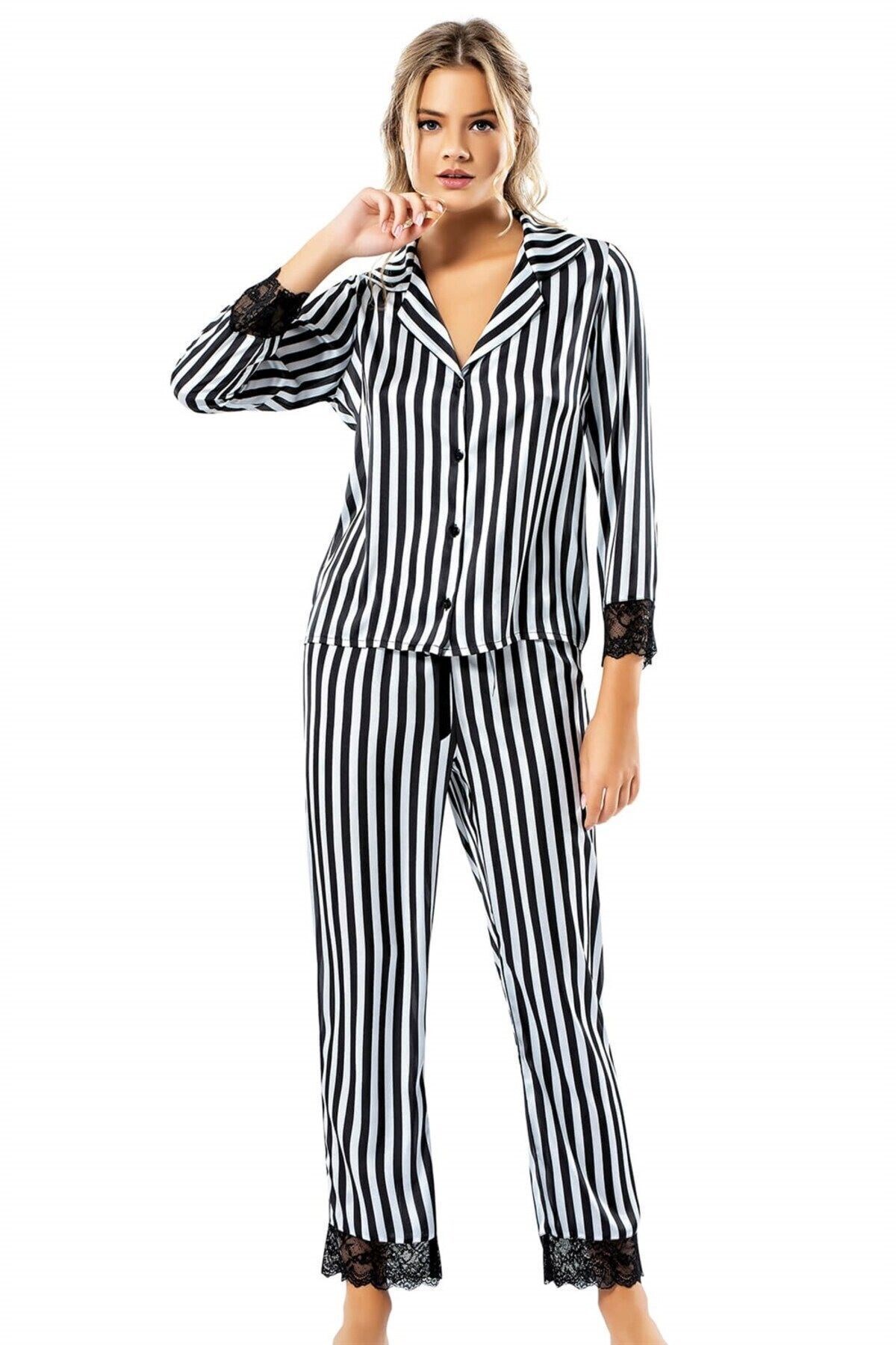 Çizgili Siyah Ikili Saten Gecelik Pijama Takımı