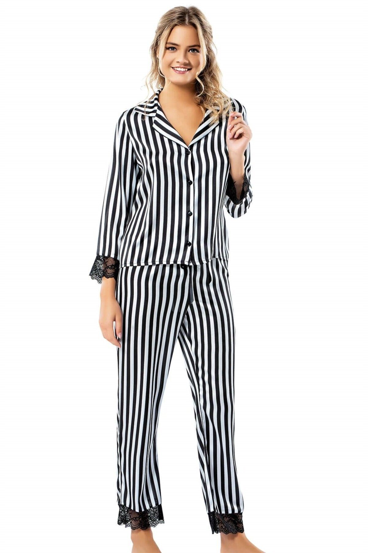 Çizgili Siyah Ikili Saten Gecelik Pijama Takımı