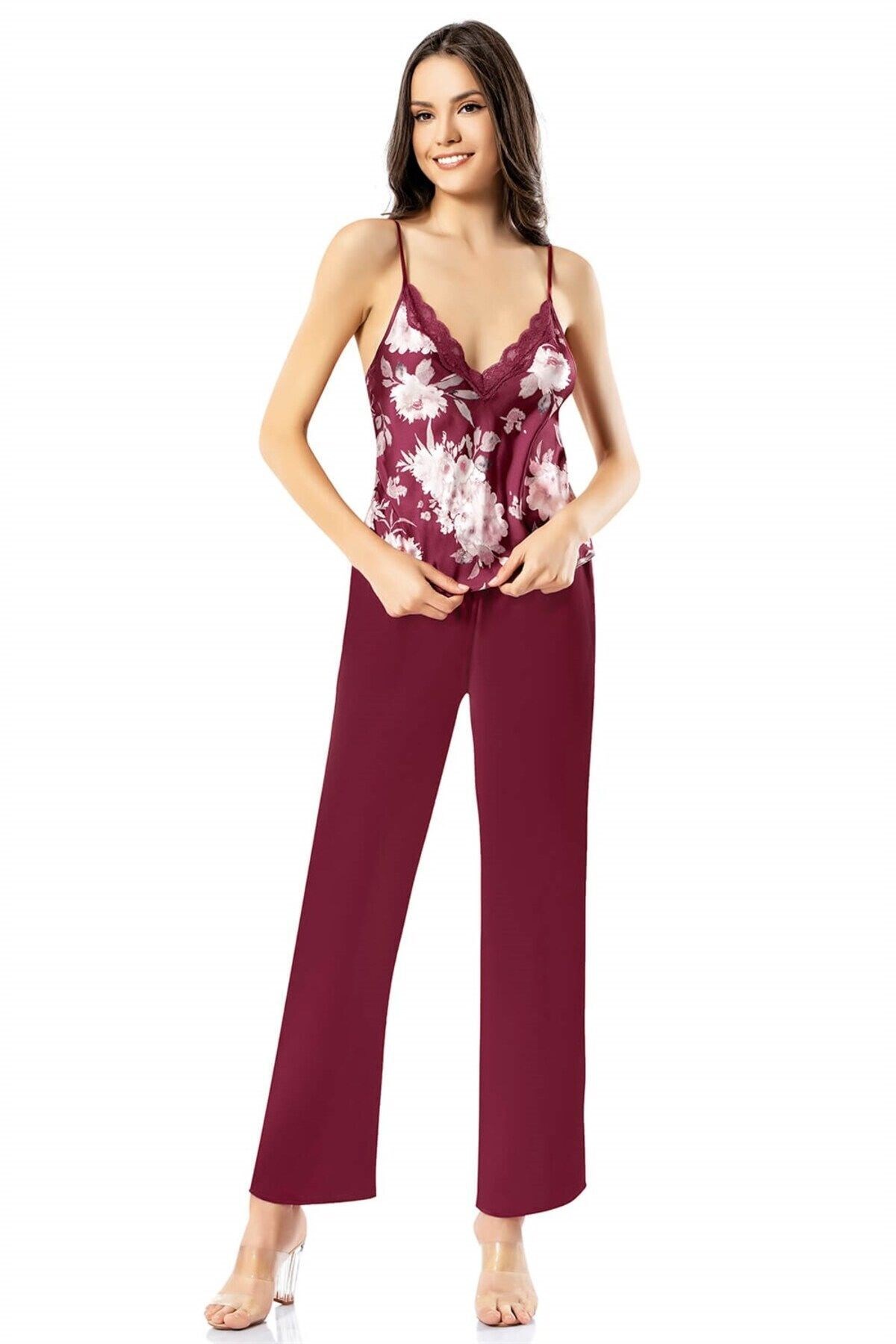 Desenli Bordo Üçlü Saten Gecelik Pijama Takımı