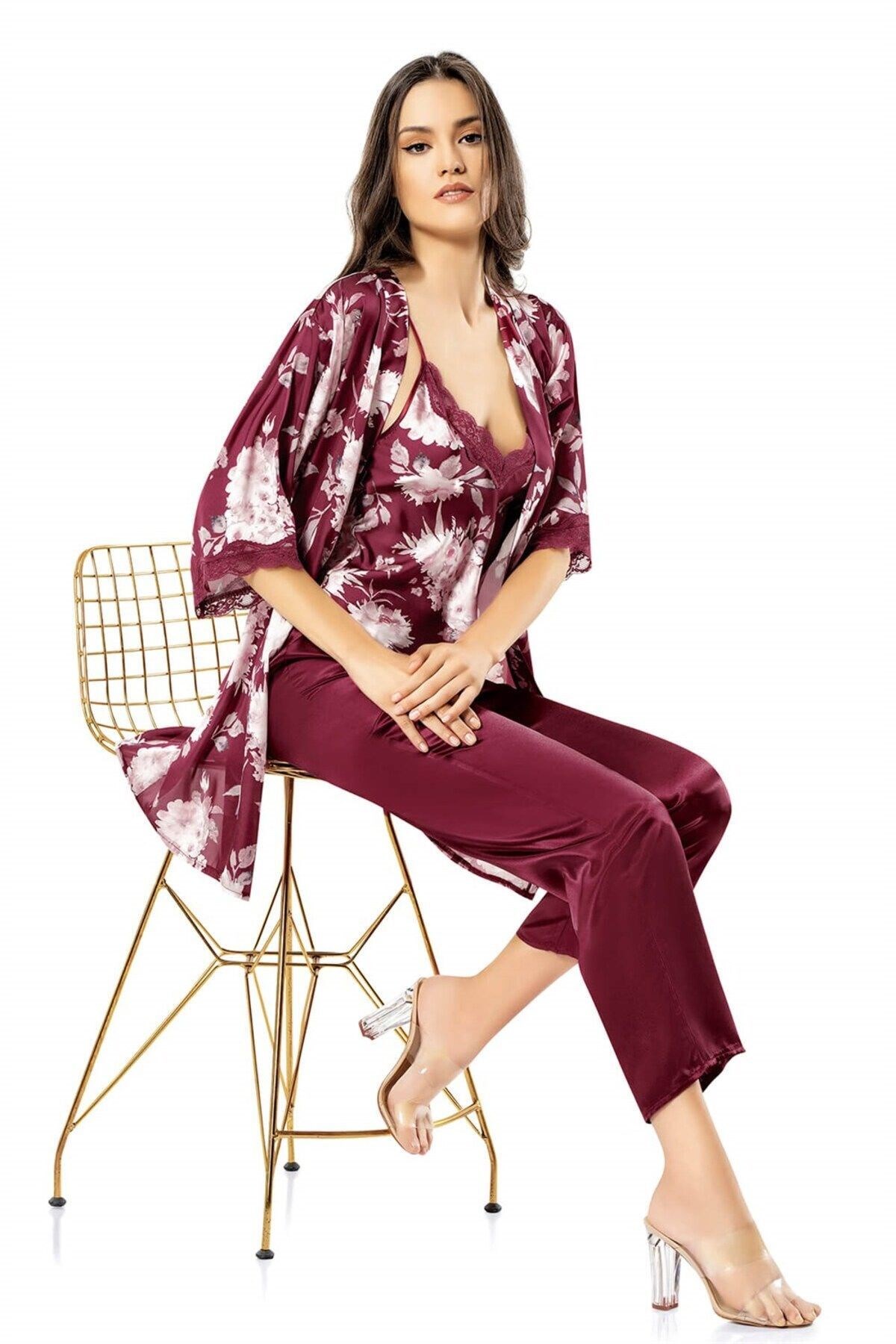 Desenli Bordo Üçlü Saten Gecelik Pijama Takımı
