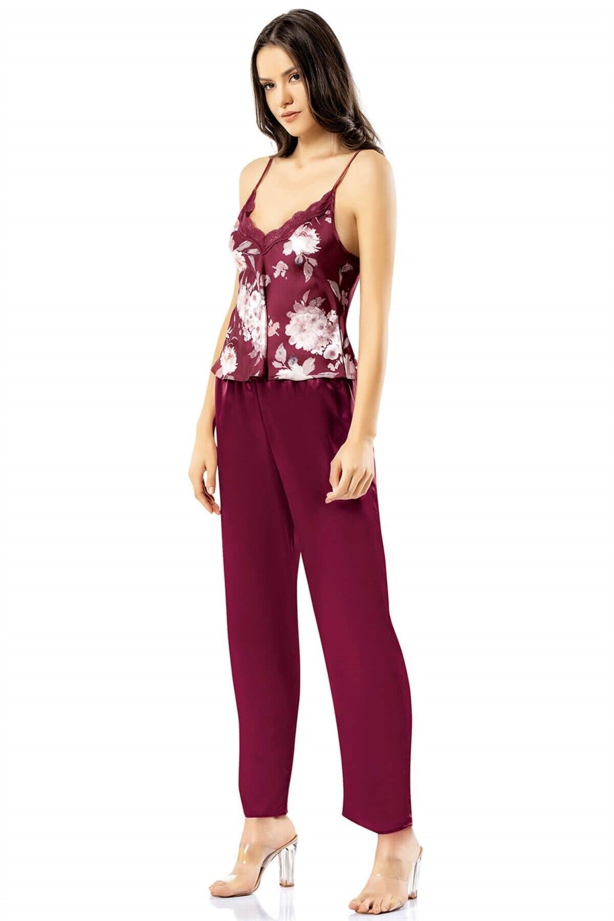 Desenli Bordo Üçlü Saten Gecelik Pijama Takımı