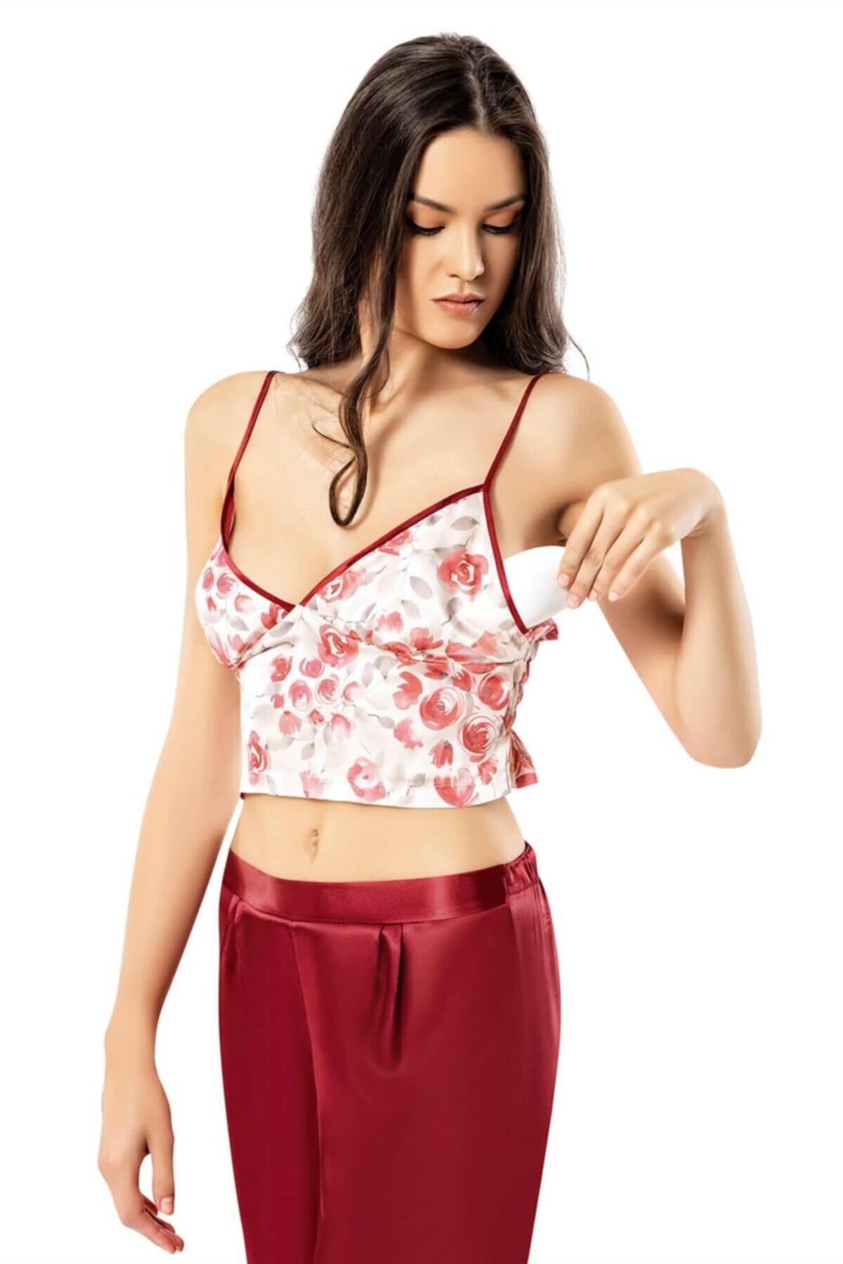 Desenli Büstiyerli Bordo Üçlü Saten Gecelik Pijama Takımı