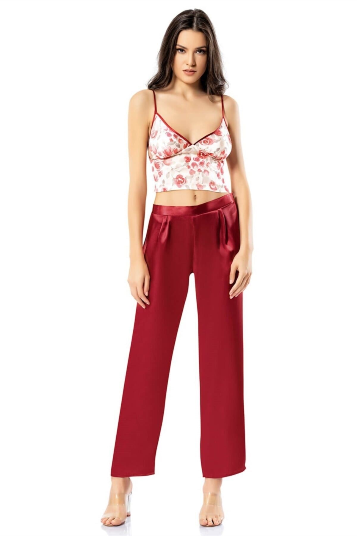 Desenli Büstiyerli Bordo Üçlü Saten Gecelik Pijama Takımı