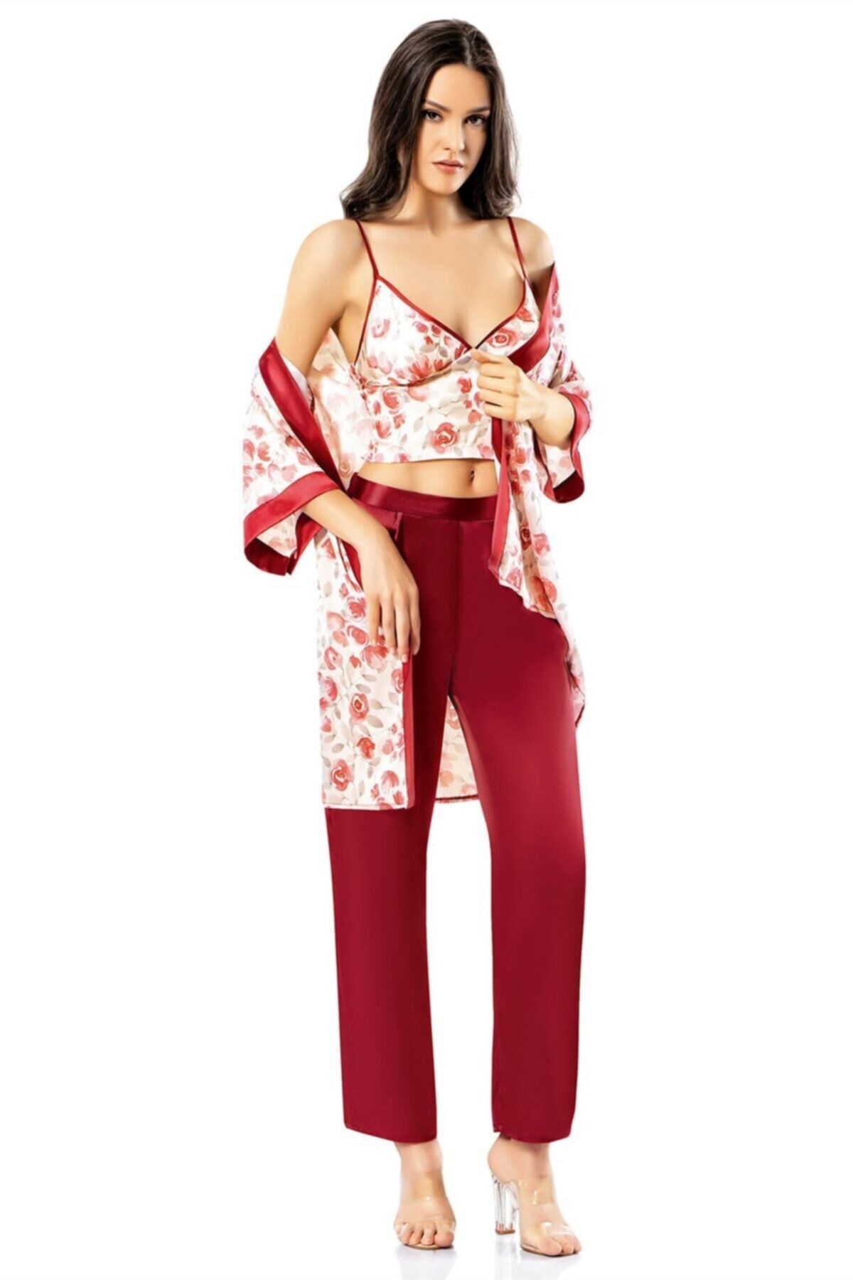 Desenli Büstiyerli Bordo Üçlü Saten Gecelik Pijama Takımı