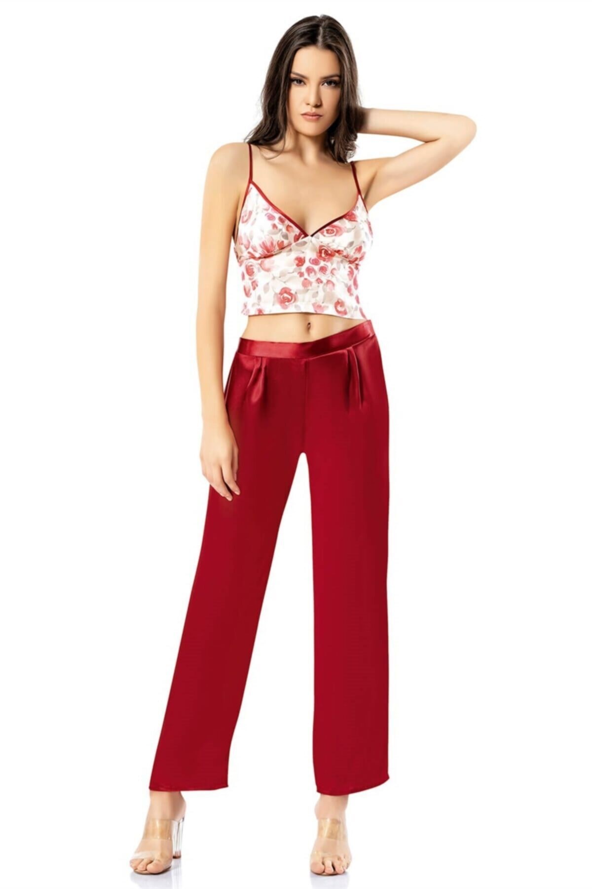 Desenli Büstiyerli Bordo Üçlü Saten Gecelik Pijama Takımı